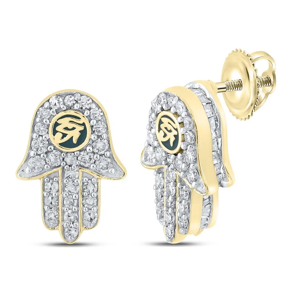 Hamsa 3D Baguette Diamond Earrings .75cttw 10K Yellow Gold