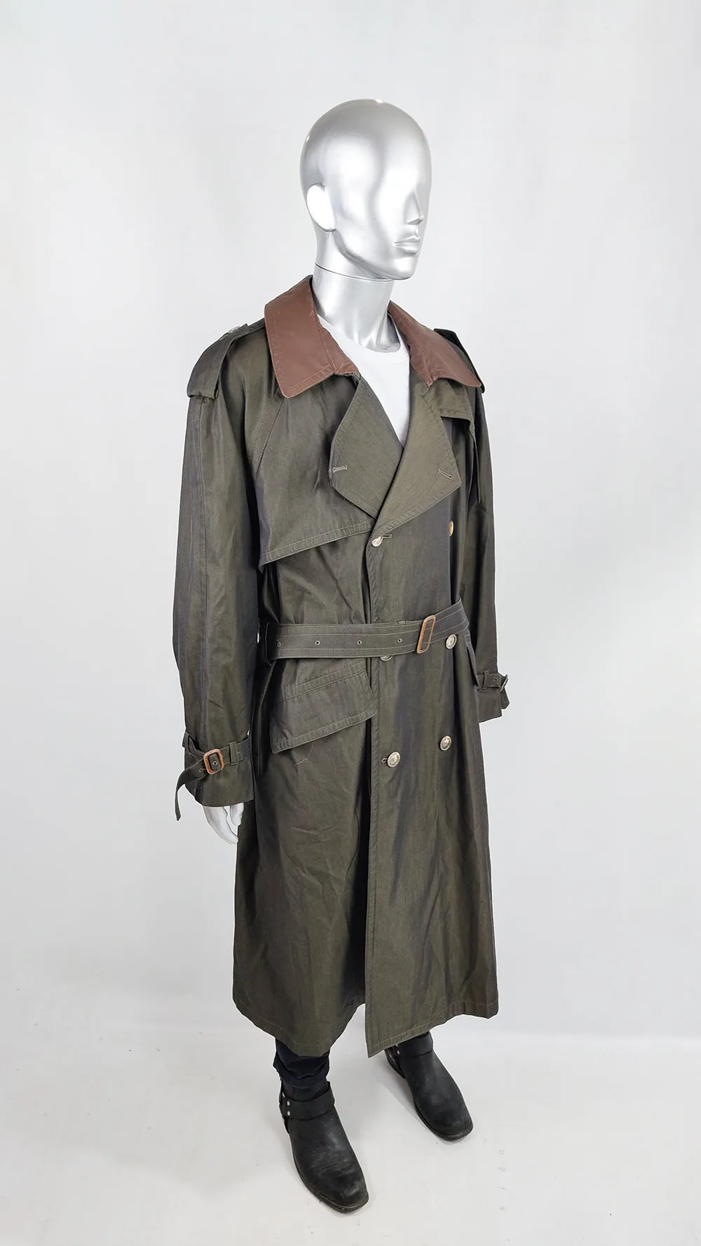 Harrods Vintage Mens Iridescent Leather Trimmed Maxi Trench Coat, 1980s