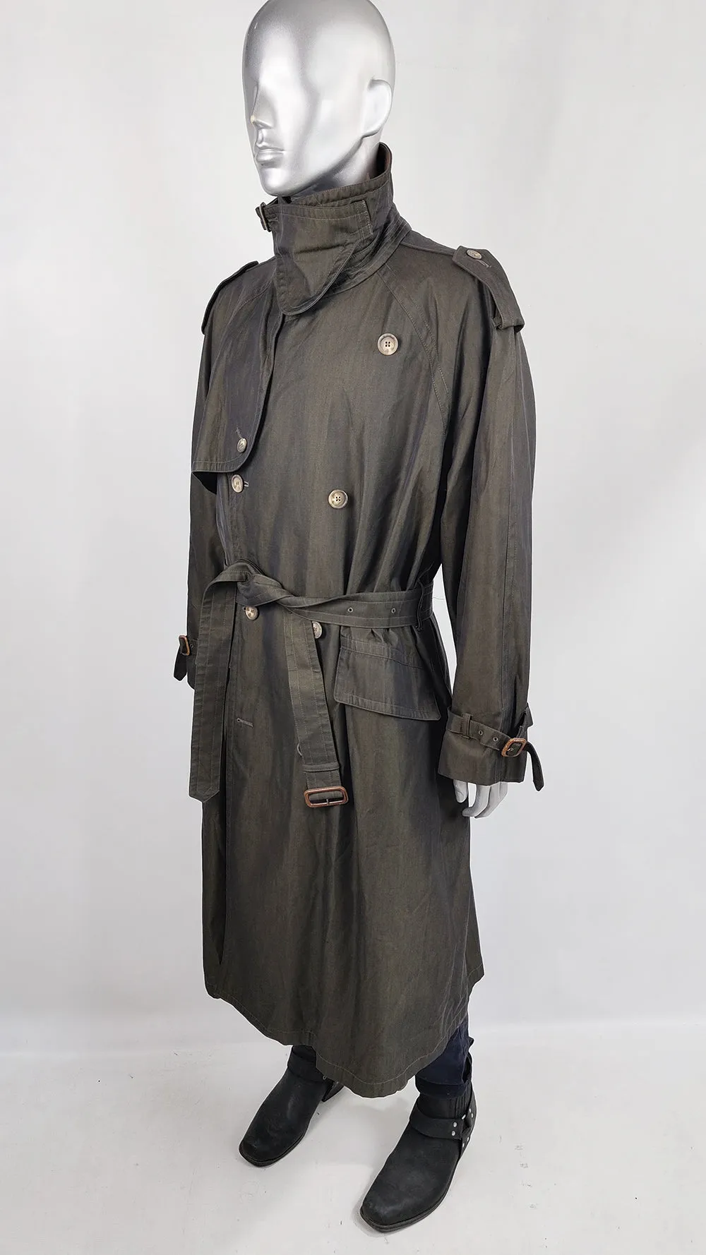 Harrods Vintage Mens Iridescent Leather Trimmed Maxi Trench Coat, 1980s