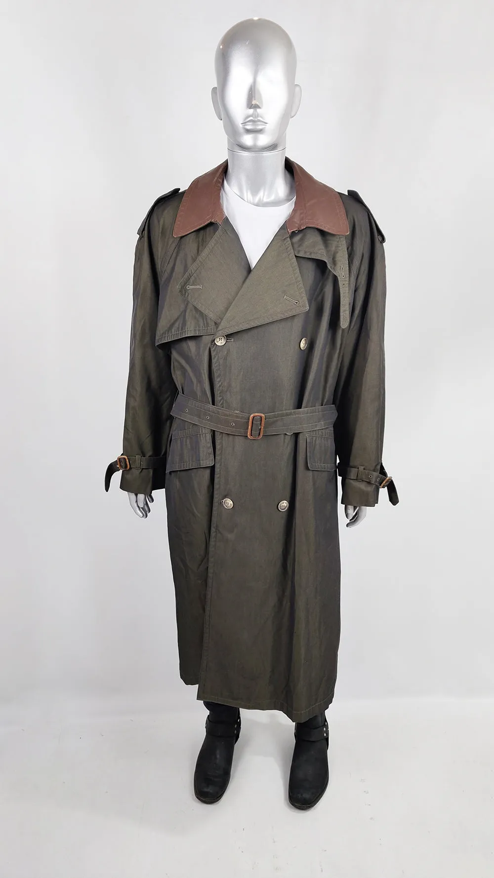 Harrods Vintage Mens Iridescent Leather Trimmed Maxi Trench Coat, 1980s