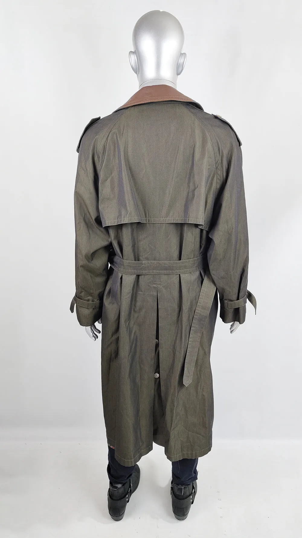 Harrods Vintage Mens Iridescent Leather Trimmed Maxi Trench Coat, 1980s