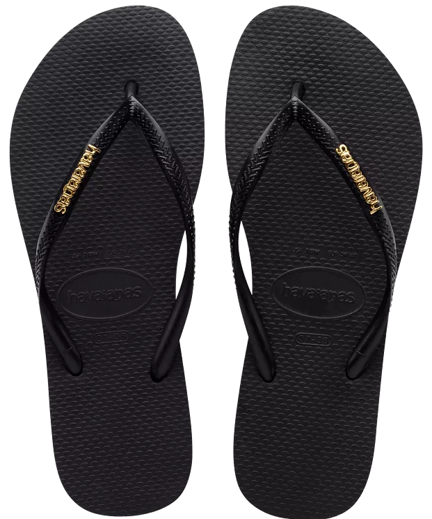 Havaianas Slim Logo Metallic Flip Flops - Black/Golden