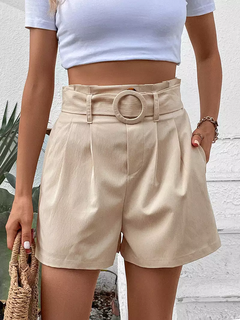 High Waist Pleated Belted Shorts (Apricot Color)