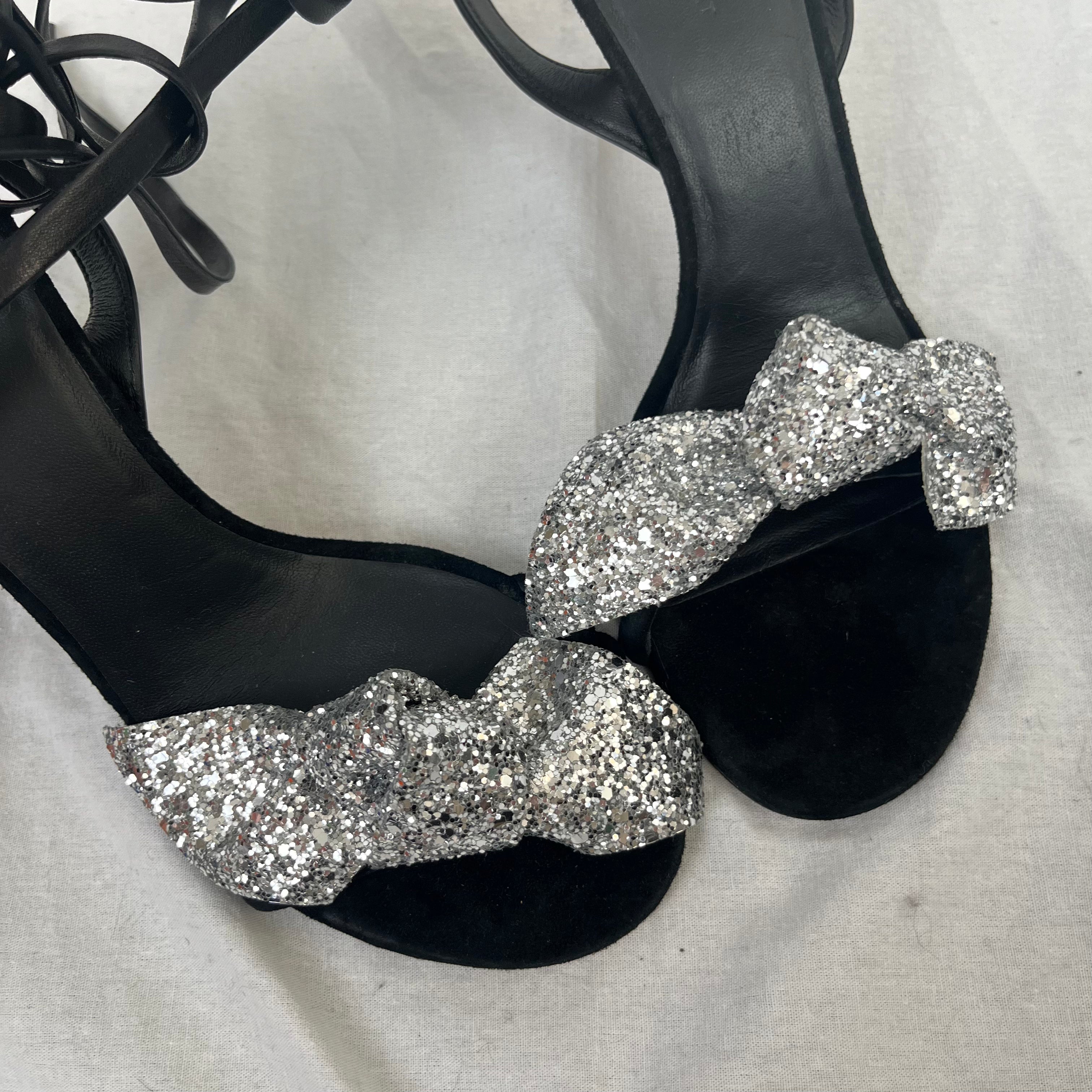 Isabel Marant Black Suede & Silver Glitter Strappy Heels 38