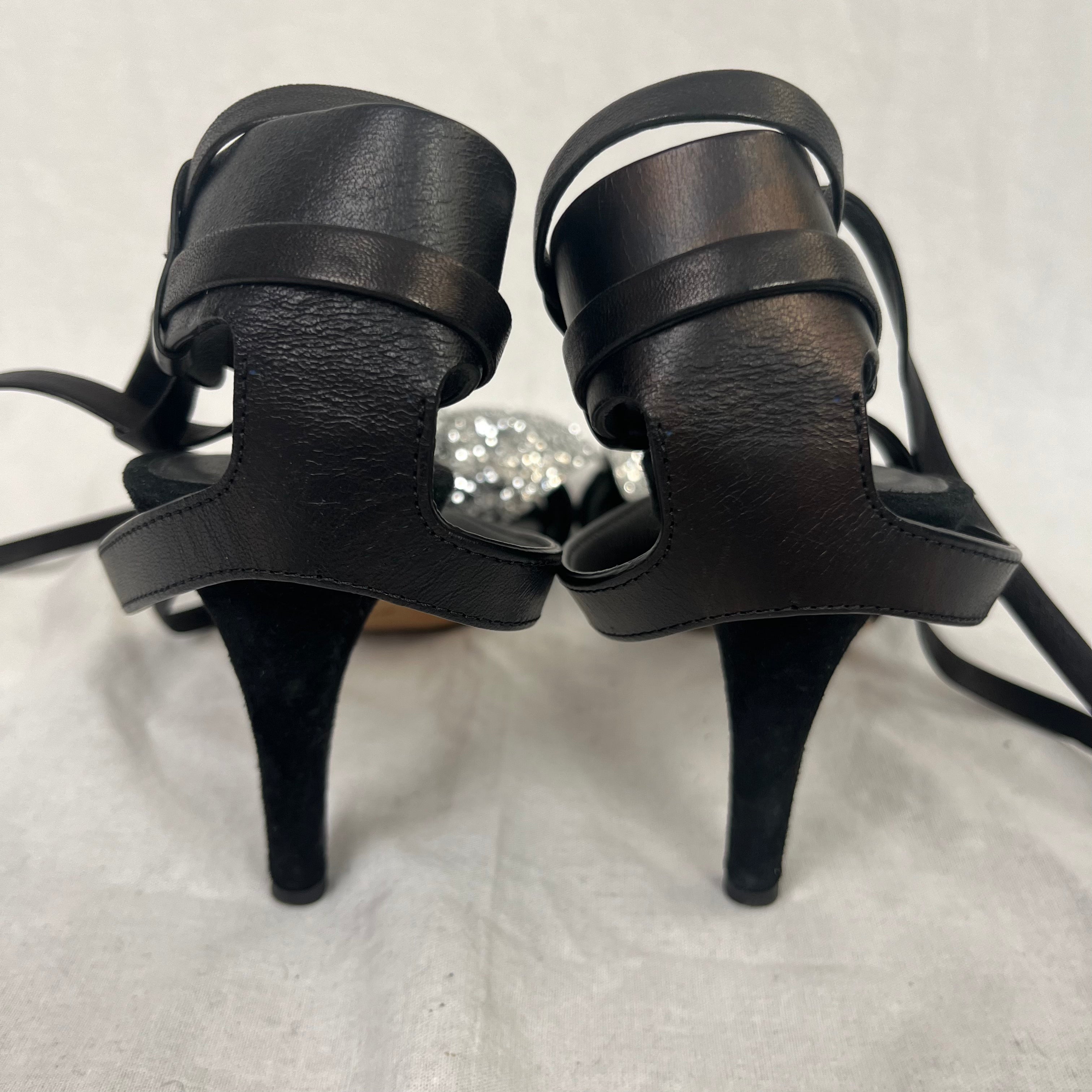 Isabel Marant Black Suede & Silver Glitter Strappy Heels 38