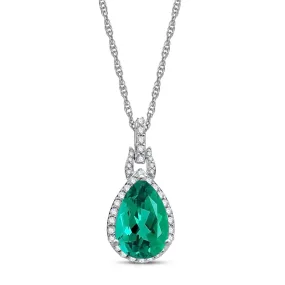 Jewelili 10K White Gold With Diamonds with Created Emerald and Created White Sapphire Teardrop Pendant Necklace