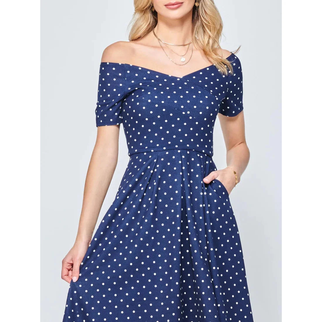 Jolie Moi Fit & Flare Pleated Navy Polka Dot Midi Dress