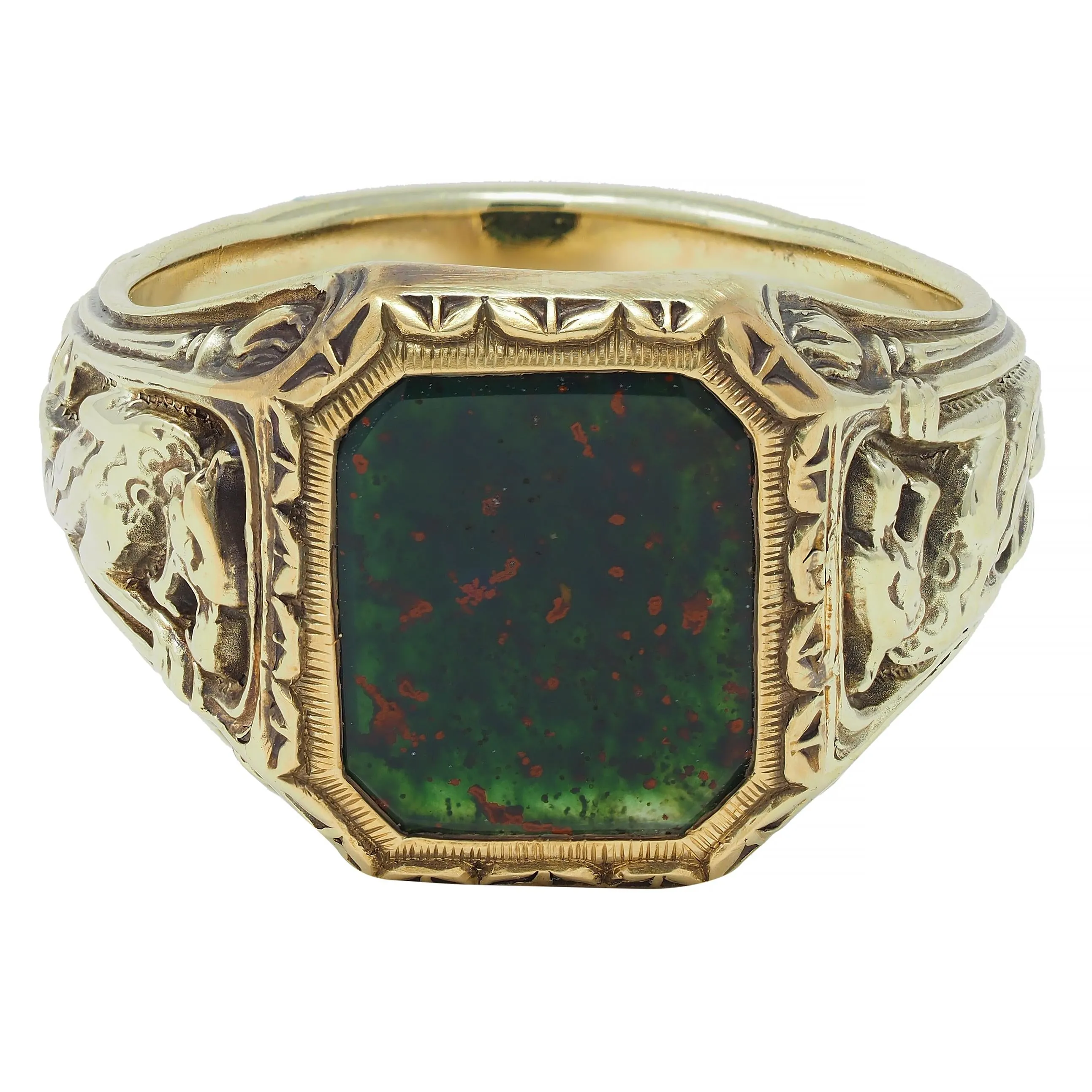 Jones & Woodland Art Nouveau Bloodstone 14 Karat Yellow Gold Basilisk Antique Signet Ring