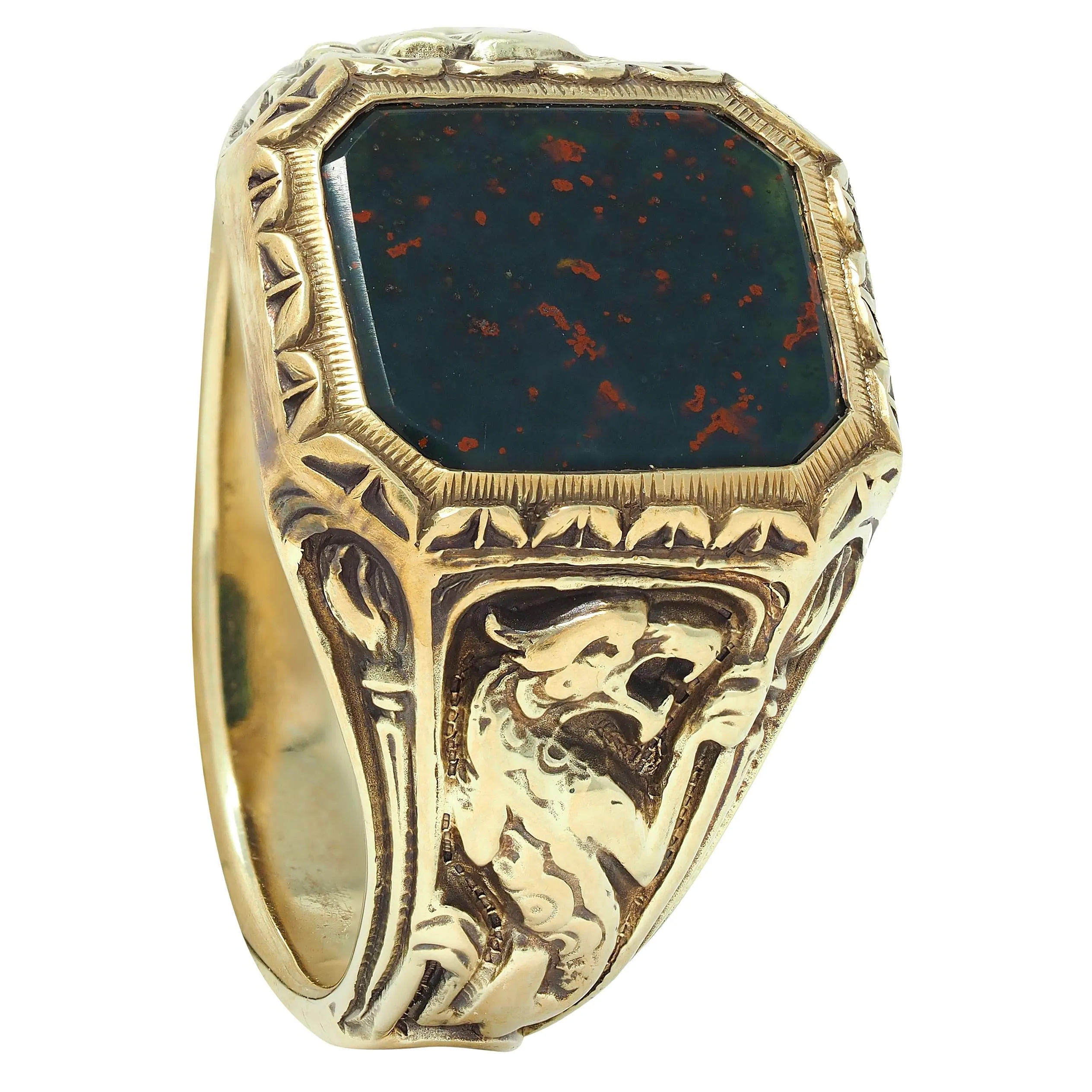 Jones & Woodland Art Nouveau Bloodstone 14 Karat Yellow Gold Basilisk Antique Signet Ring