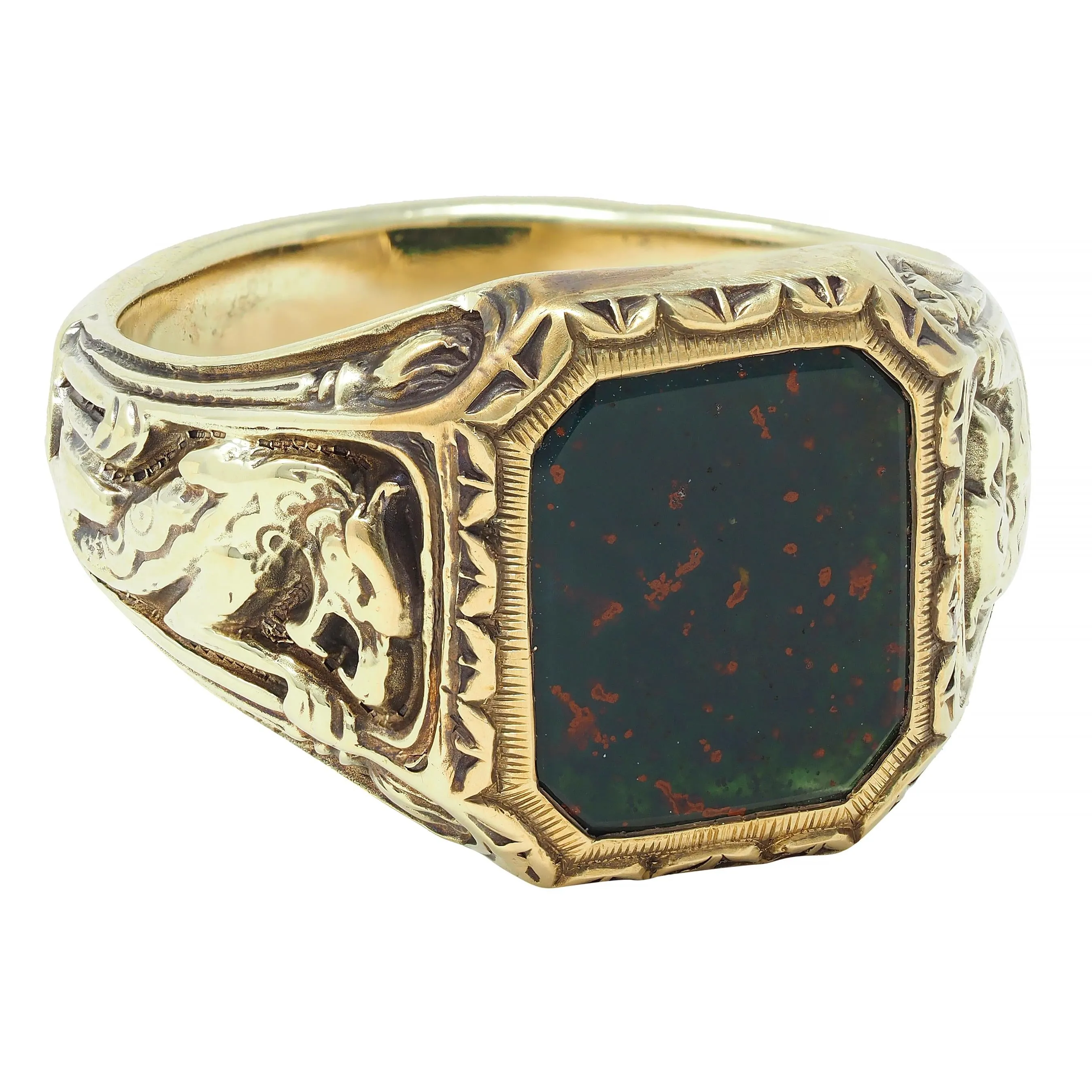 Jones & Woodland Art Nouveau Bloodstone 14 Karat Yellow Gold Basilisk Antique Signet Ring