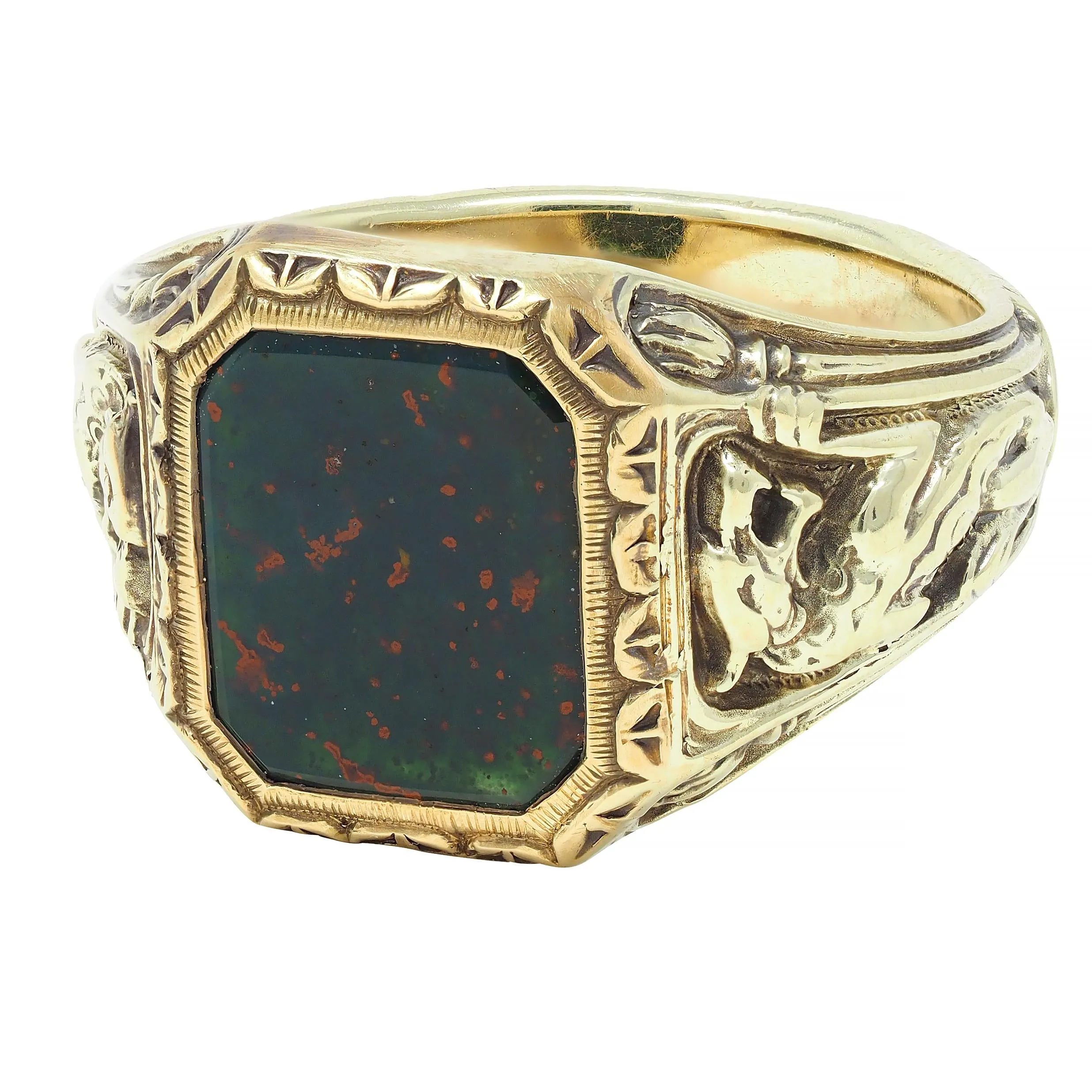 Jones & Woodland Art Nouveau Bloodstone 14 Karat Yellow Gold Basilisk Antique Signet Ring