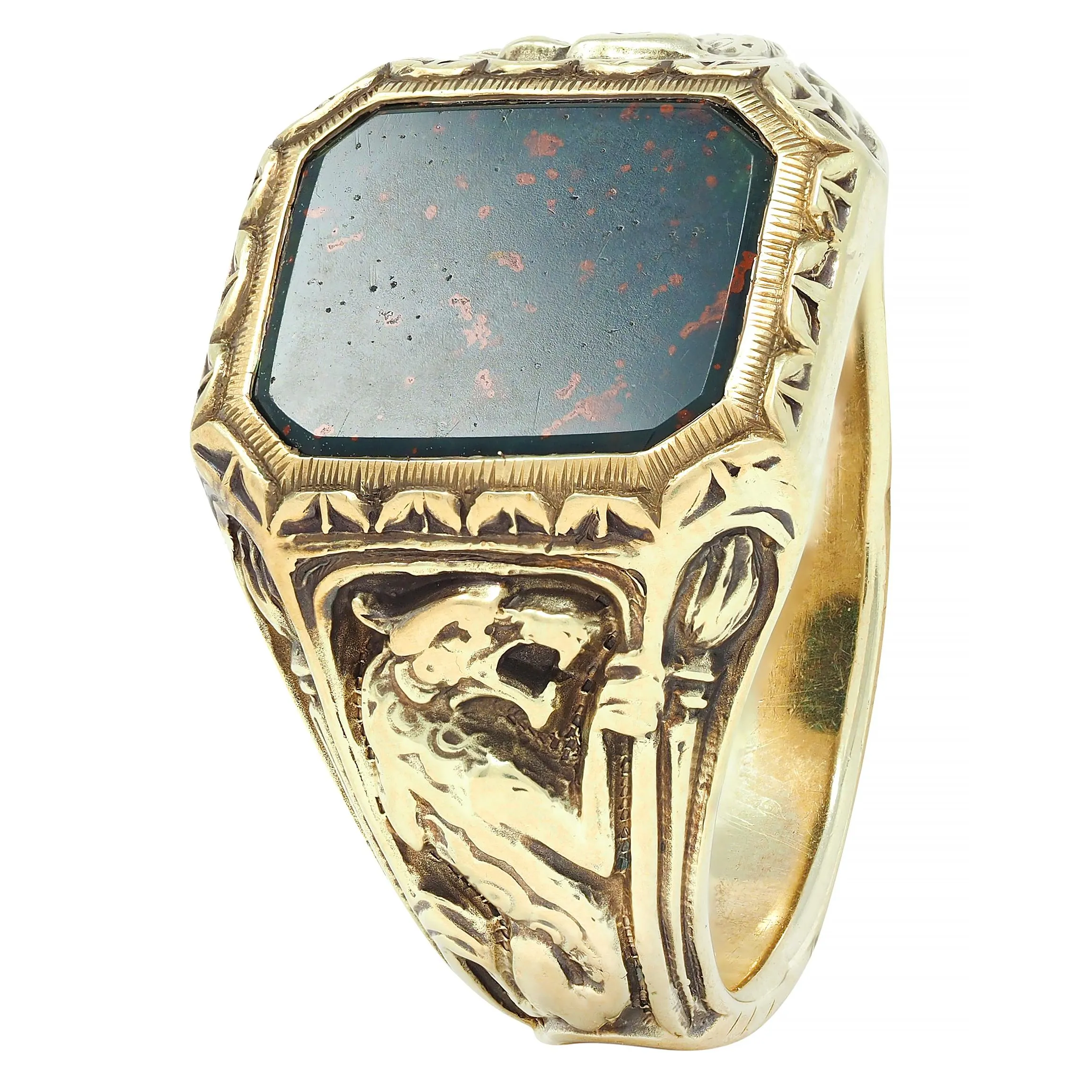 Jones & Woodland Art Nouveau Bloodstone 14 Karat Yellow Gold Basilisk Antique Signet Ring