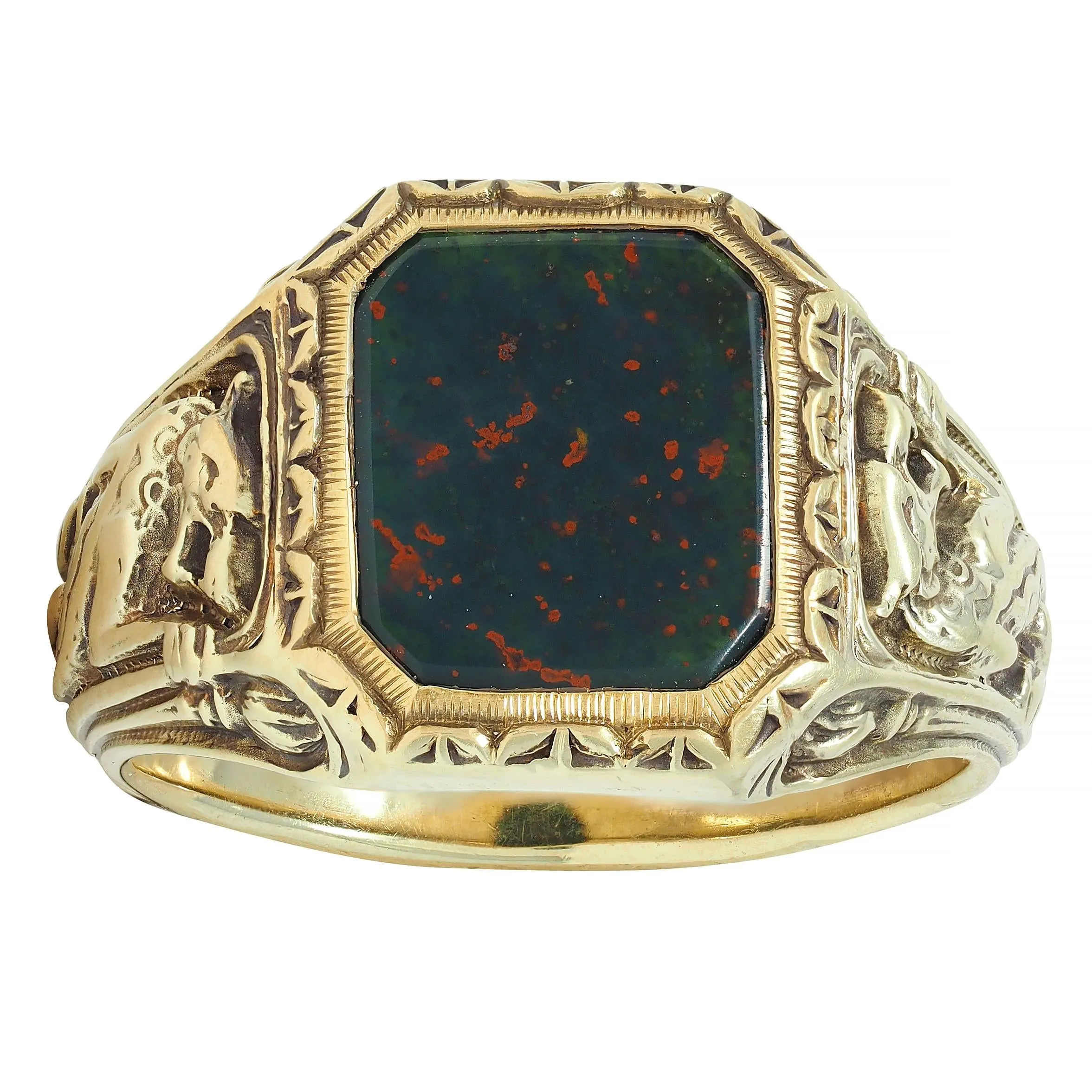 Jones & Woodland Art Nouveau Bloodstone 14 Karat Yellow Gold Basilisk Antique Signet Ring