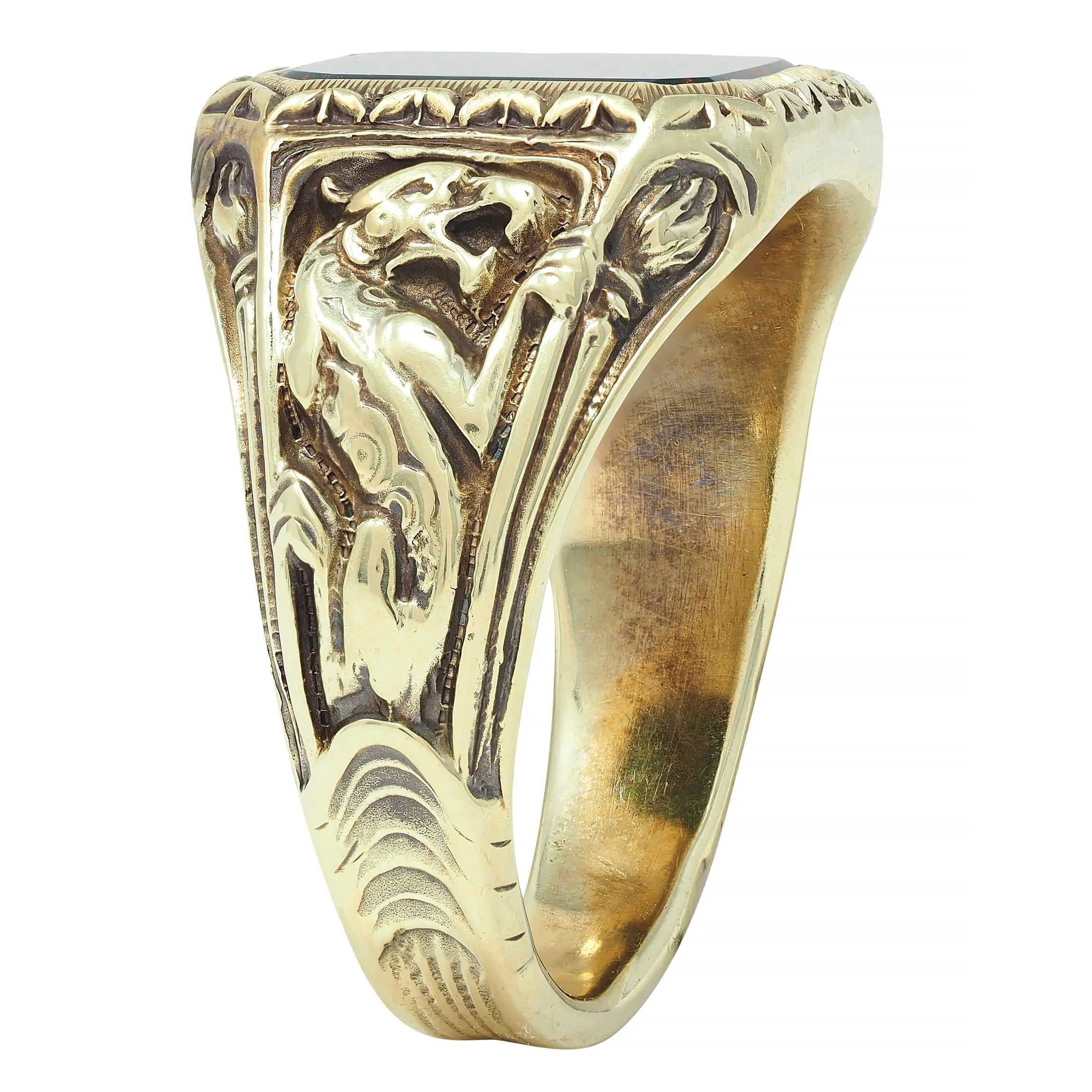 Jones & Woodland Art Nouveau Bloodstone 14 Karat Yellow Gold Basilisk Antique Signet Ring