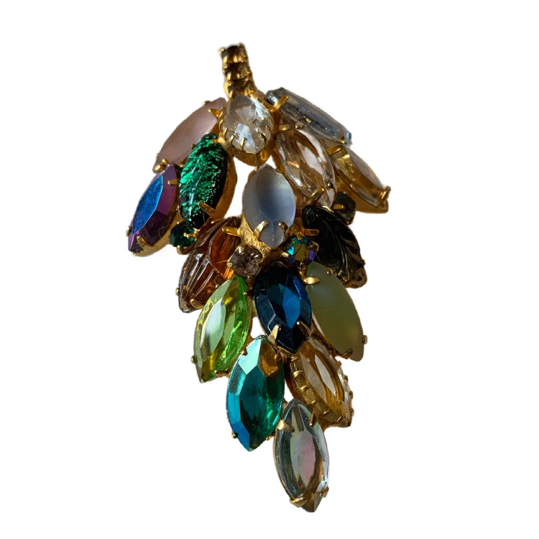 Juliana Style Multicolored Navette Rhinestone Brooch with Carved and Foil Back Crystals circa 1960s