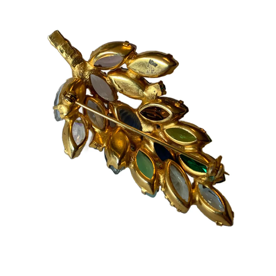 Juliana Style Multicolored Navette Rhinestone Brooch with Carved and Foil Back Crystals circa 1960s