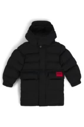 Kids' long-length puffer jacket with red logo label