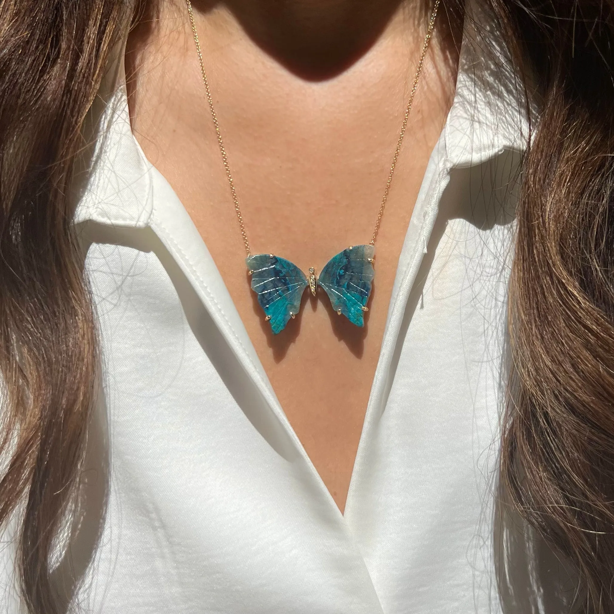 Large Chrysocolla Butterfly Necklace with Prongs