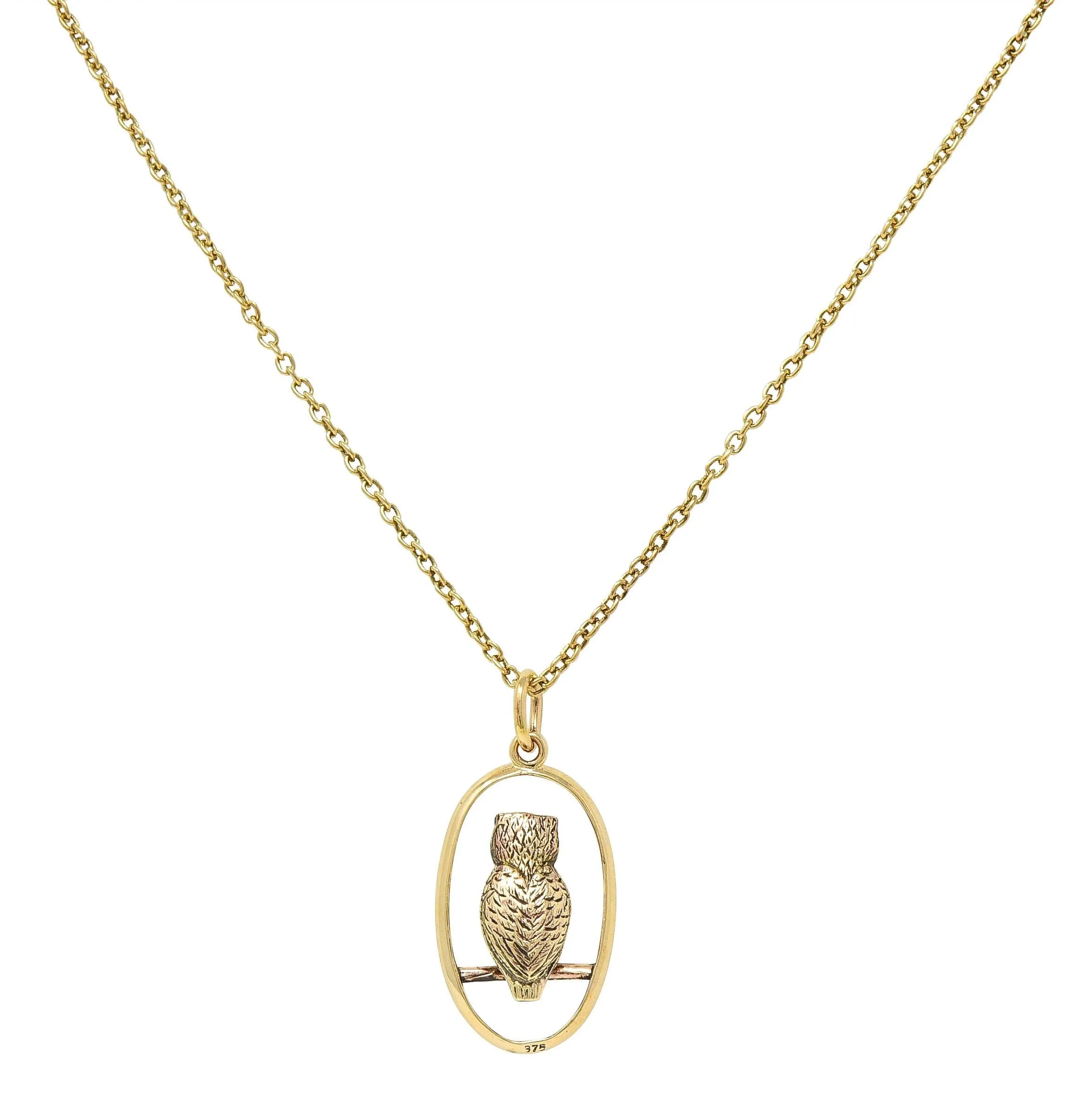 Late Victorian Sapphire 9 Karat Yellow Gold Antique Owl Pendant Necklace