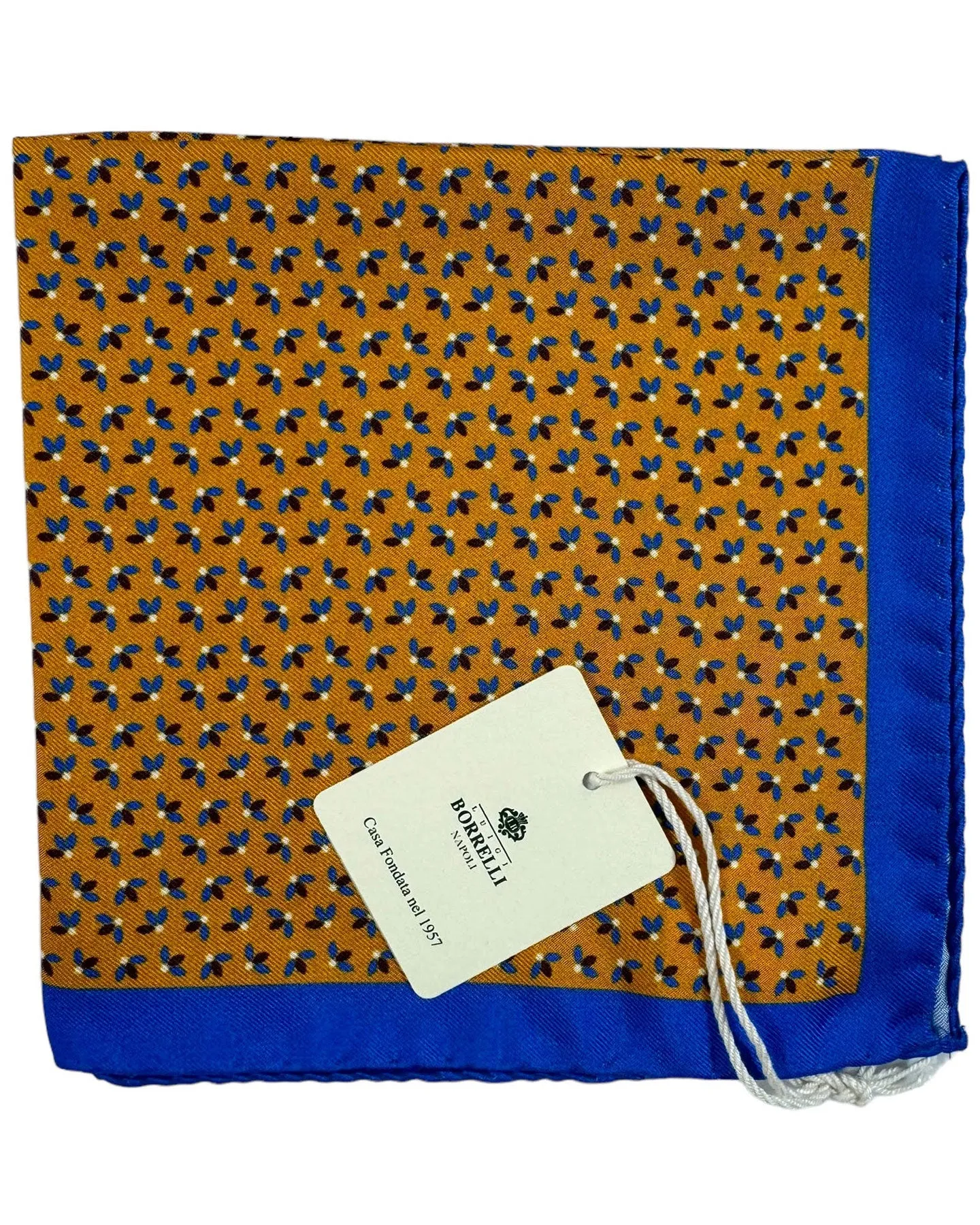 Luigi Borrelli Silk Pocket Square Mustard Royal Blue Mini Floral FINAL SALE