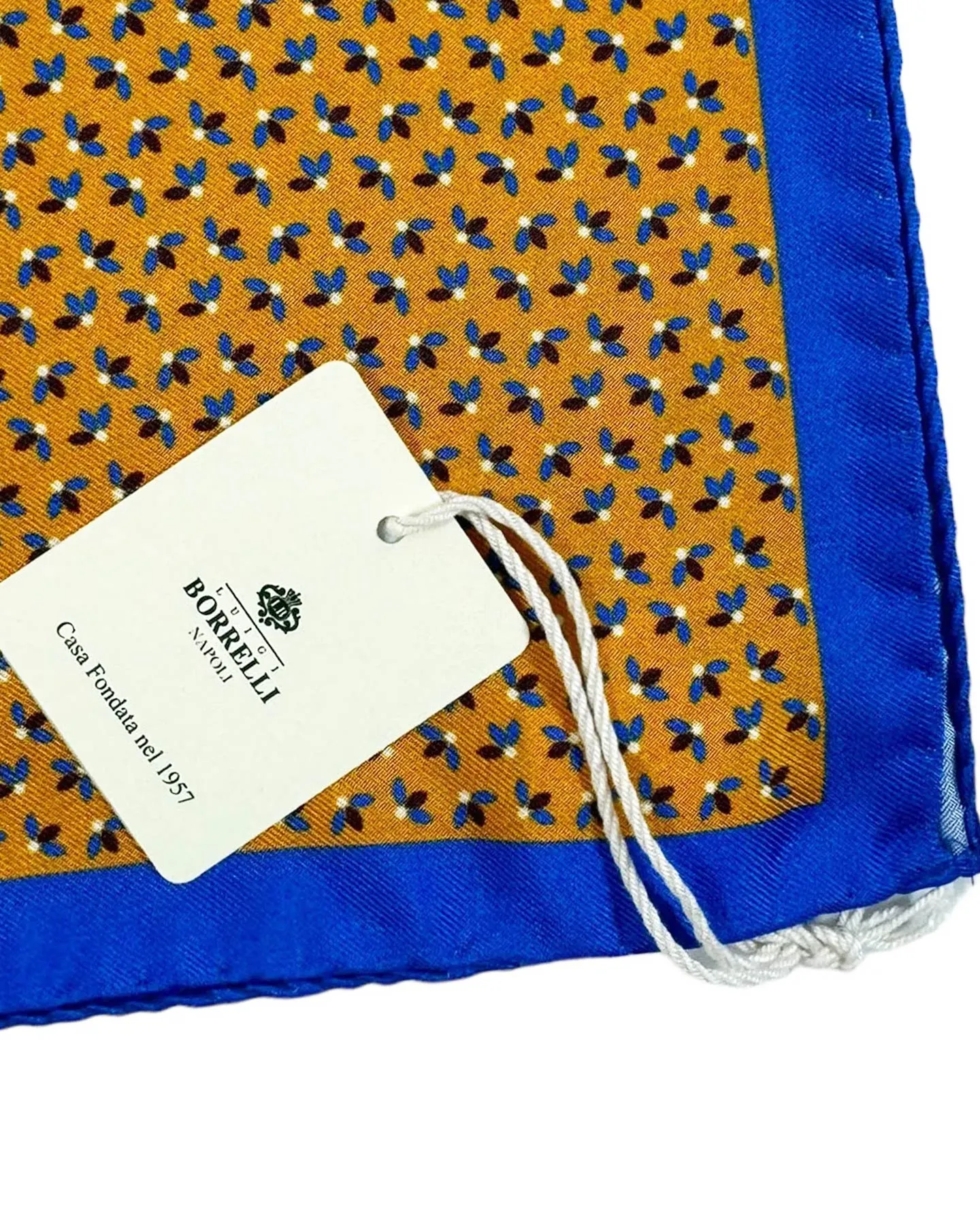 Luigi Borrelli Silk Pocket Square Mustard Royal Blue Mini Floral FINAL SALE