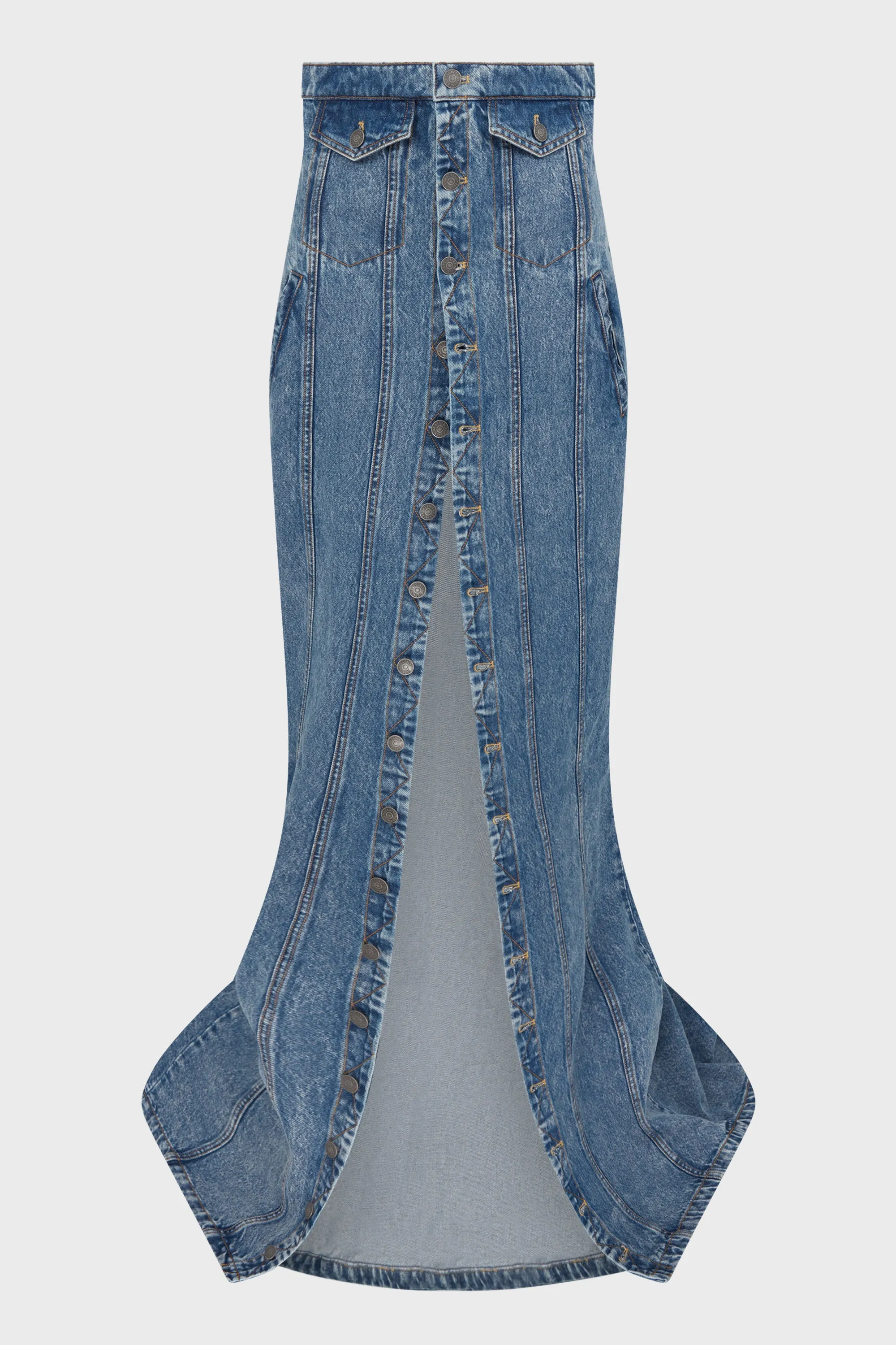 MAXI DENIM SKIRT BLUE ACID WASHED