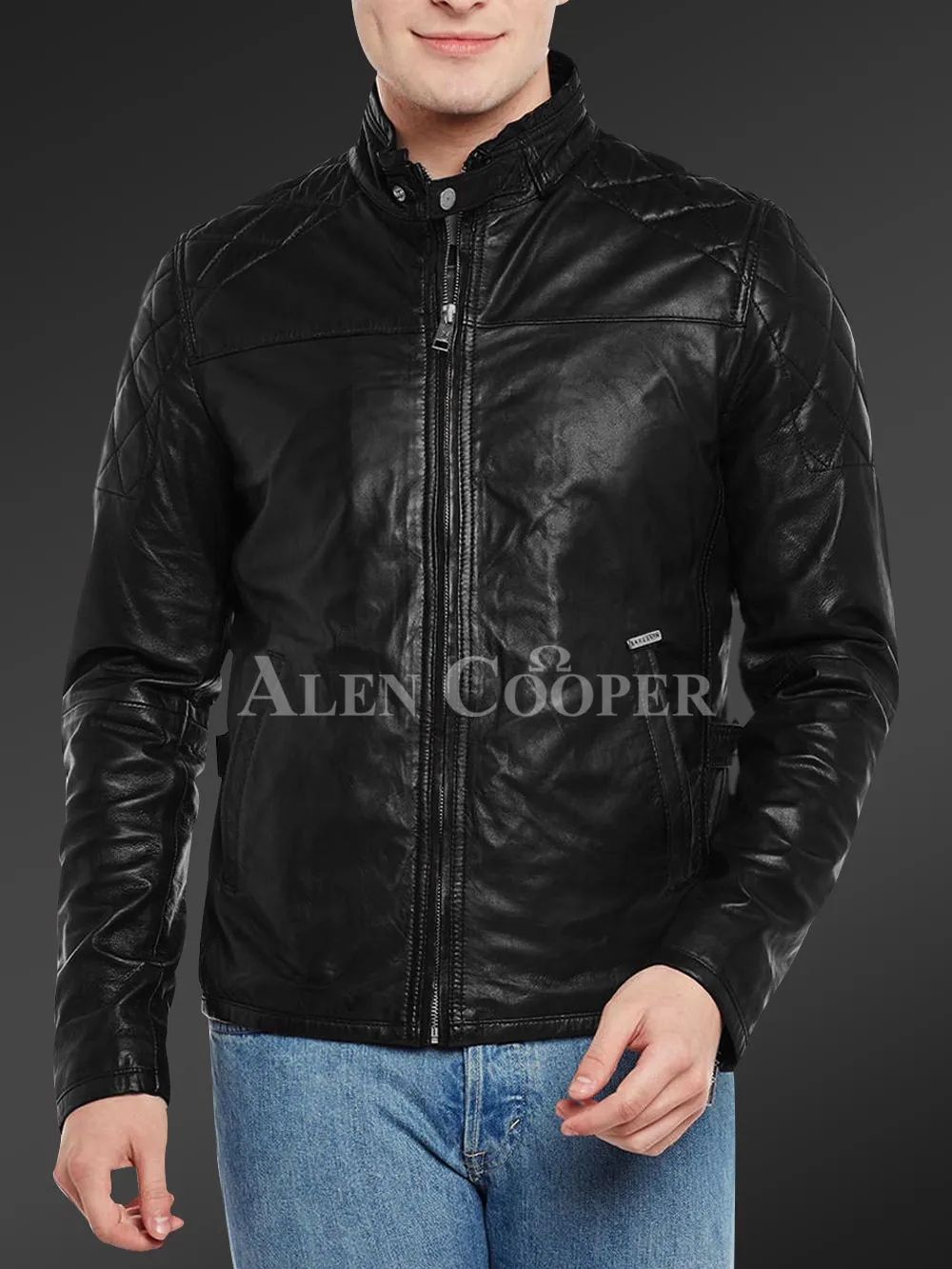 Men’s iconic black short real leather jacket with quilted shoulder