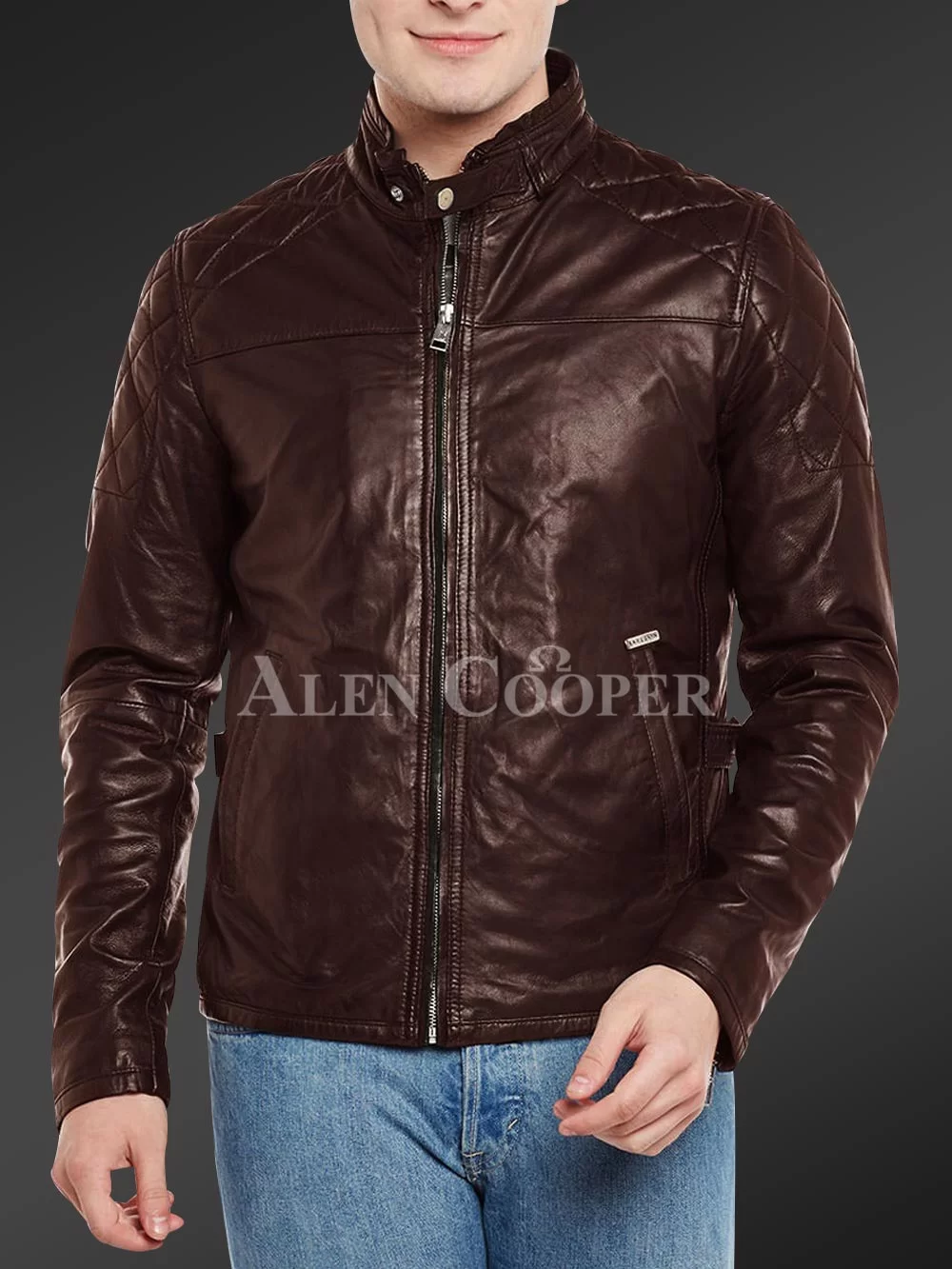 Men’s iconic black short real leather jacket with quilted shoulder