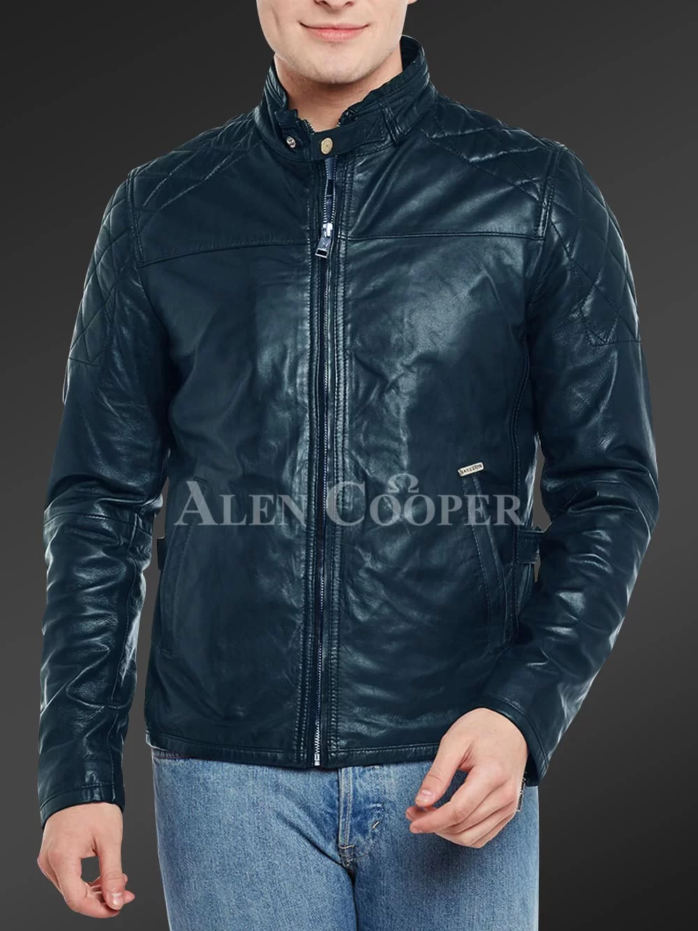 Men’s iconic black short real leather jacket with quilted shoulder