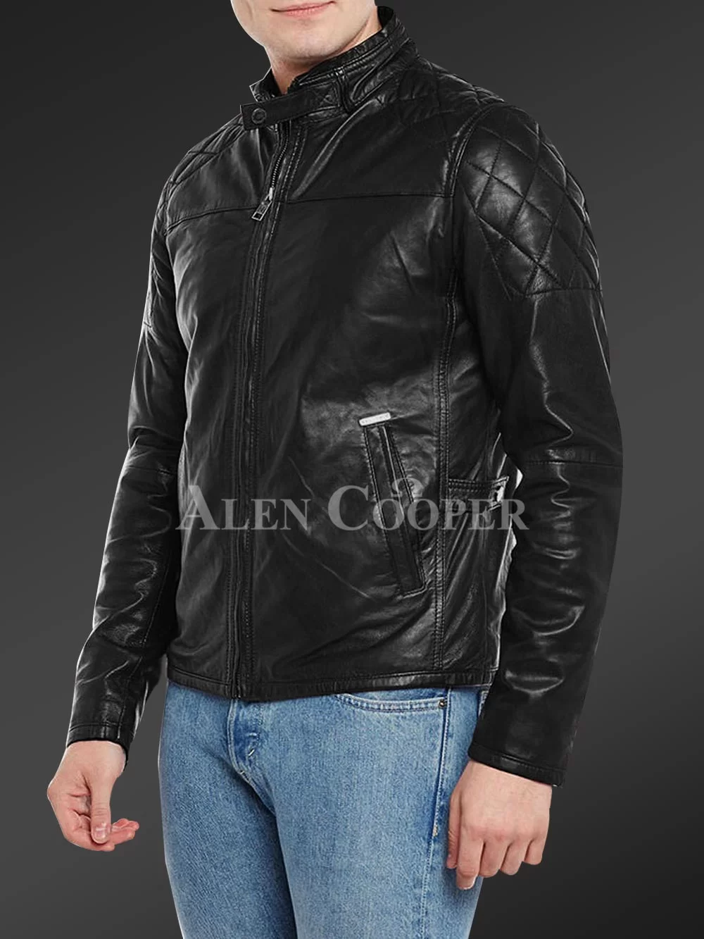 Men’s iconic black short real leather jacket with quilted shoulder