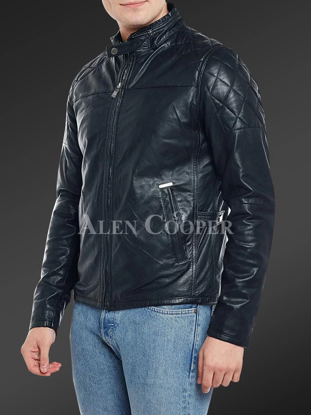 Men’s iconic black short real leather jacket with quilted shoulder