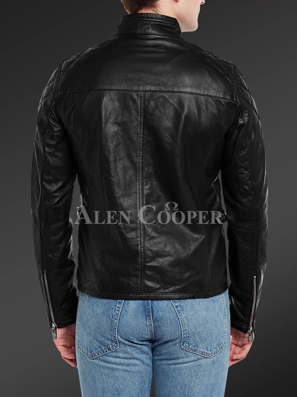 Men’s iconic black short real leather jacket with quilted shoulder