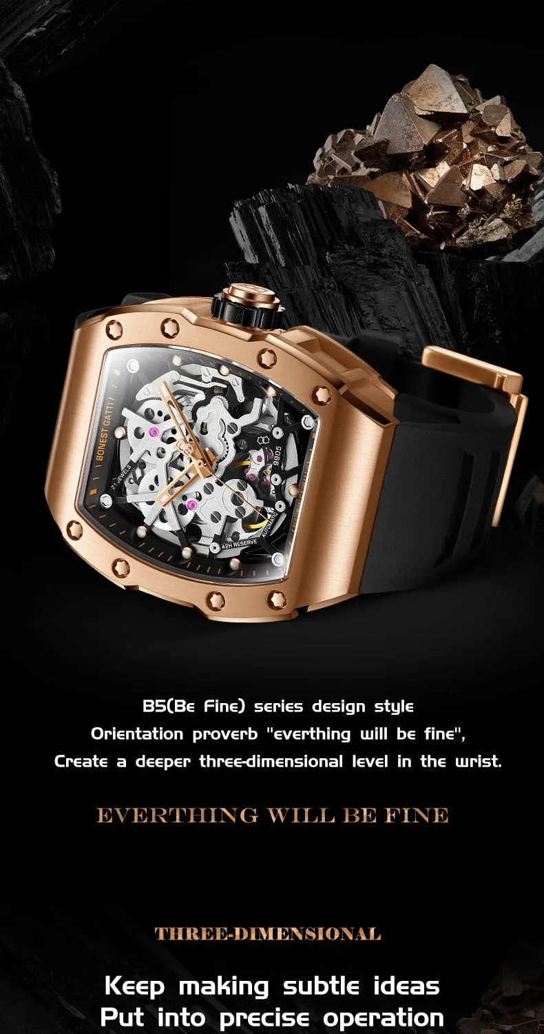 Men's Phantom Series Skeleton Rubber Band Automatic Mechanical Watch