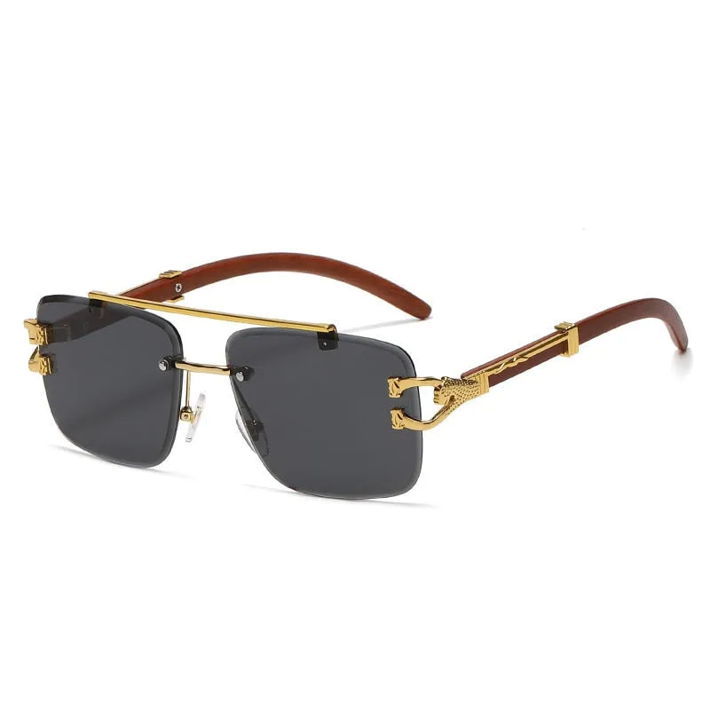 Men's Retro Rectangle Wood Printed Gold Lion Decoration Sunglasses