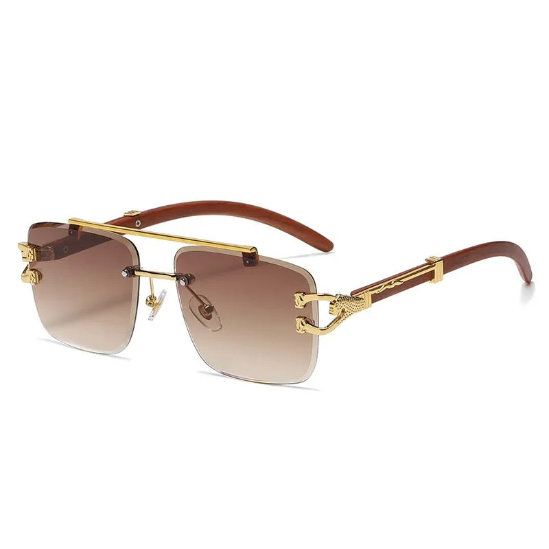 Men's Retro Rectangle Wood Printed Gold Lion Decoration Sunglasses