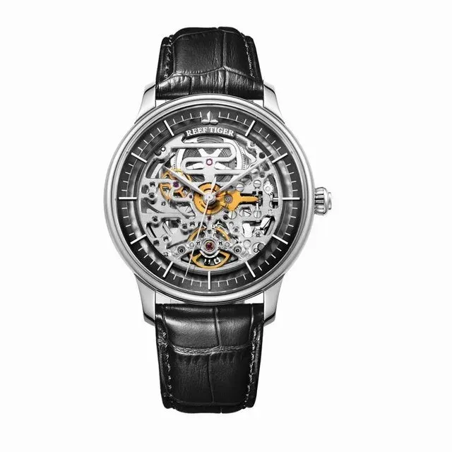 Men's Steel Skeleton Genuine Leather Strap Automatic Mechanical Watch