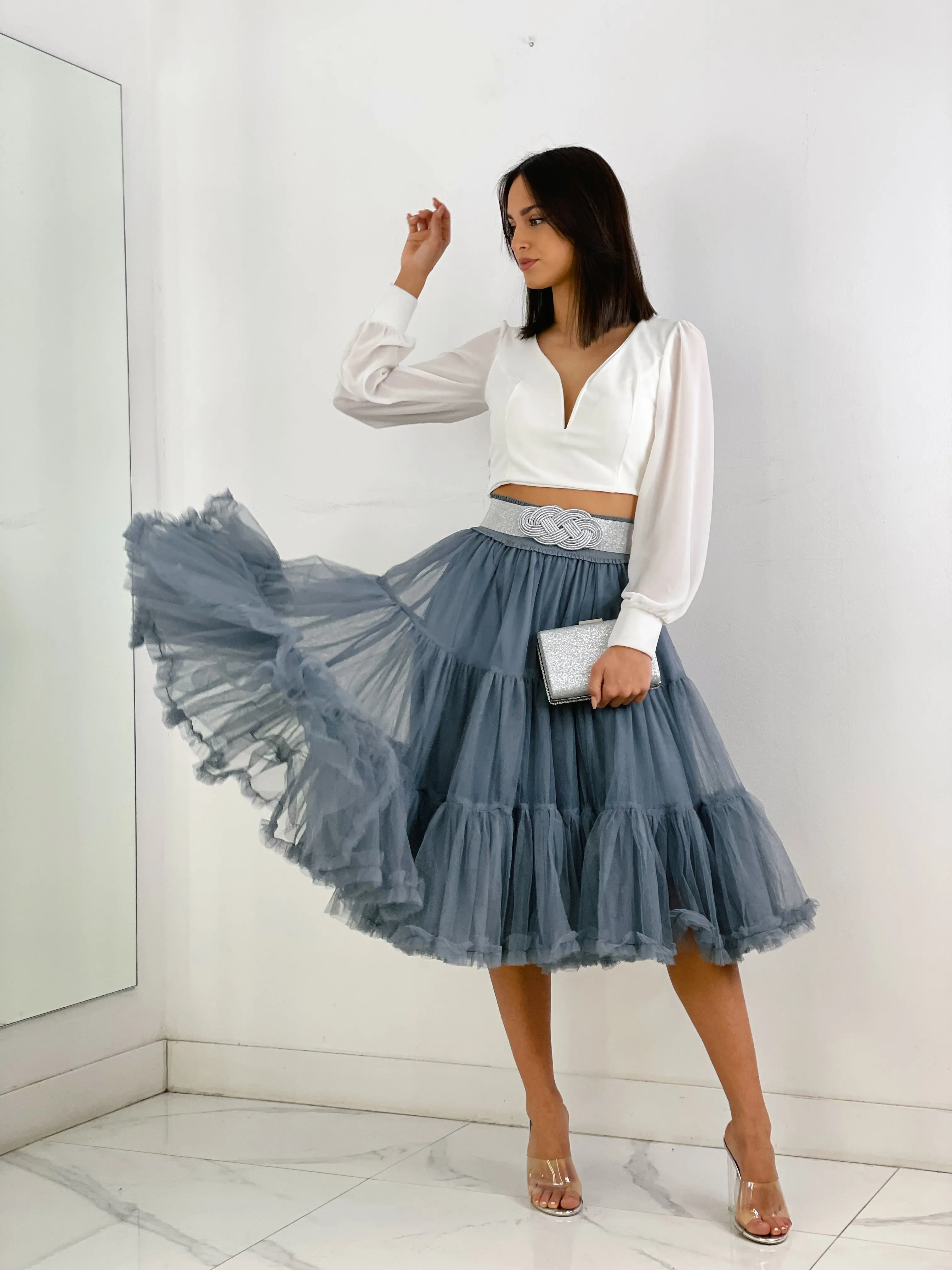 Midi tulle skirt with ruffles