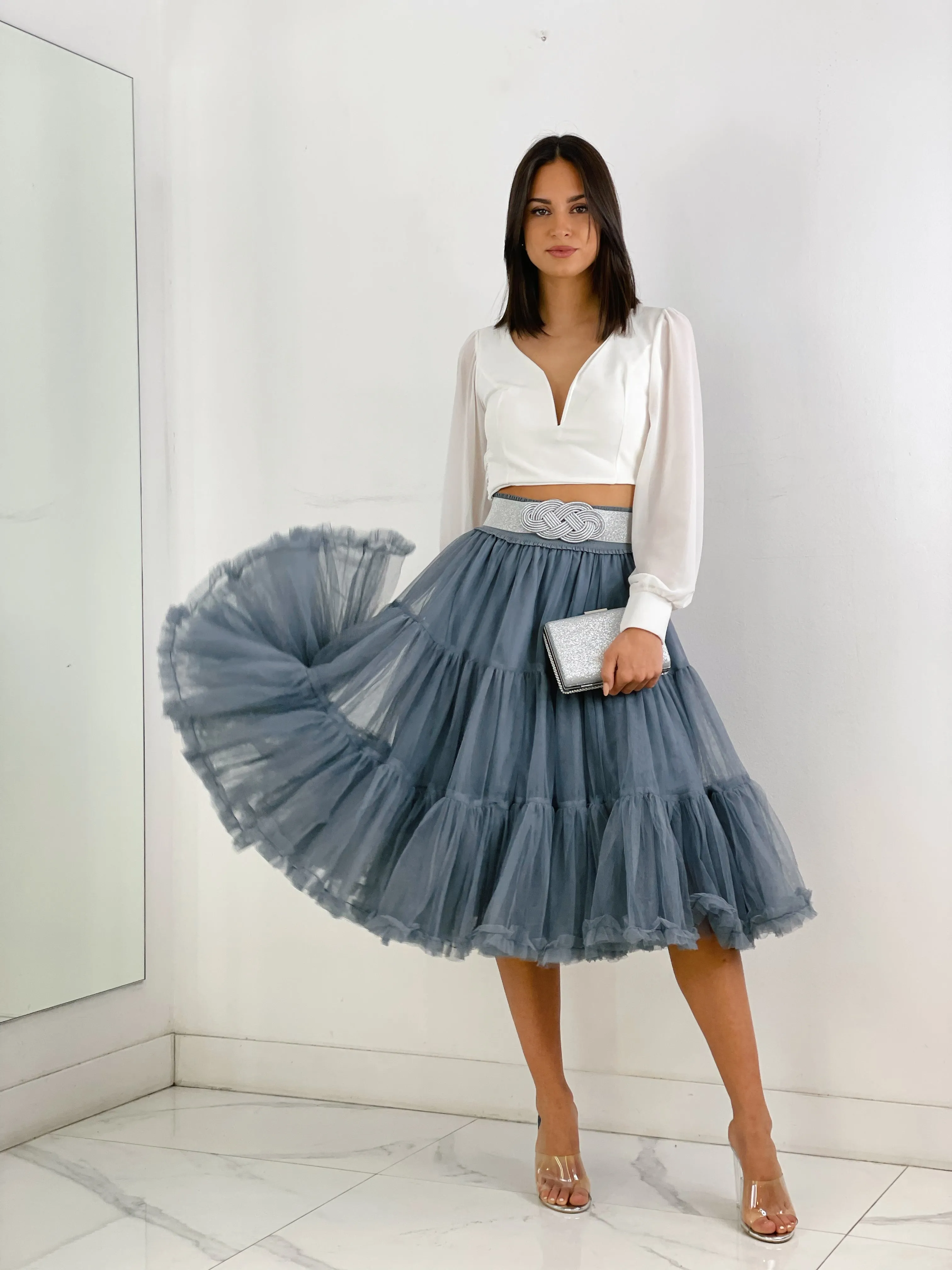 Midi tulle skirt with ruffles