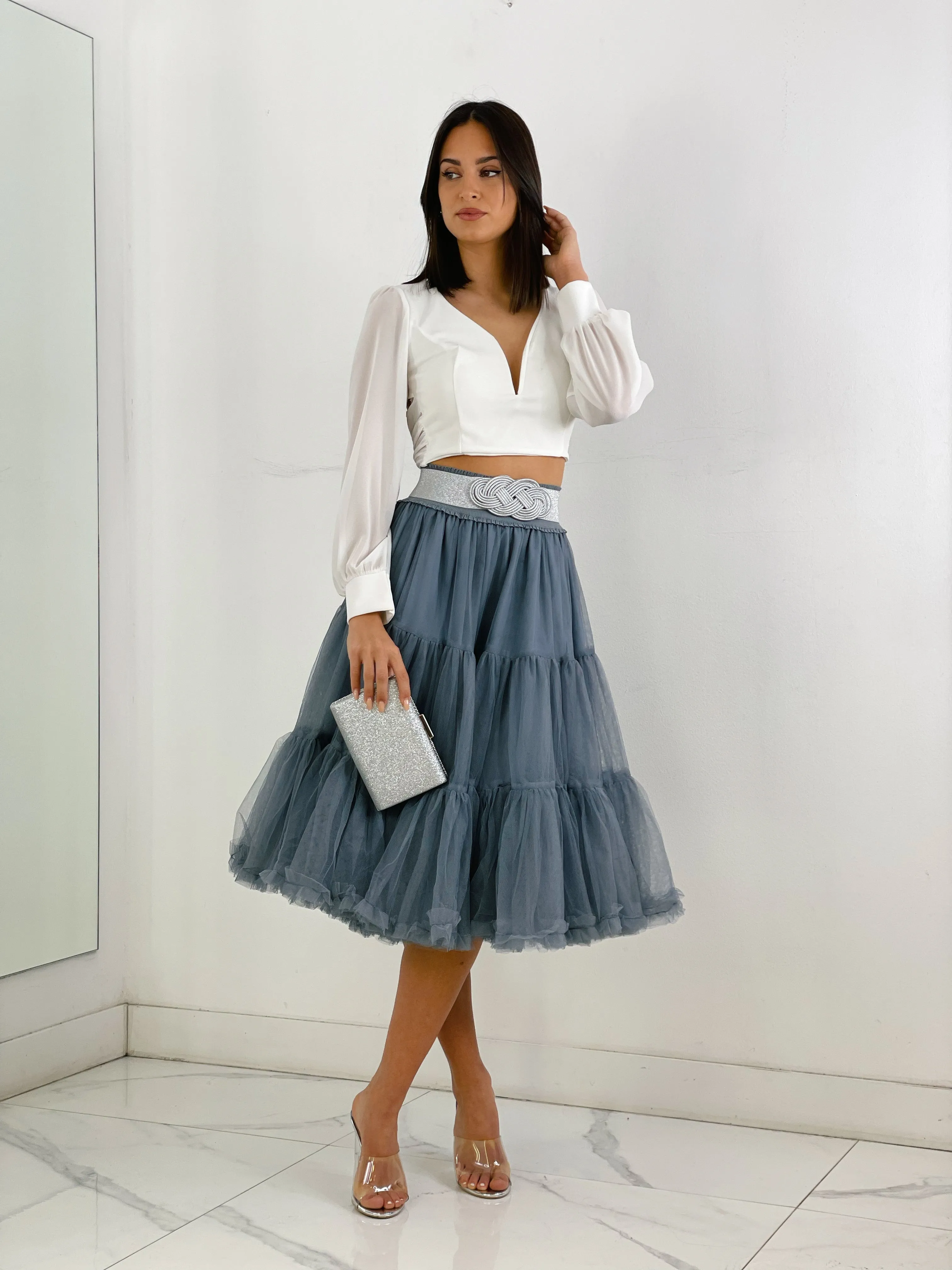 Midi tulle skirt with ruffles