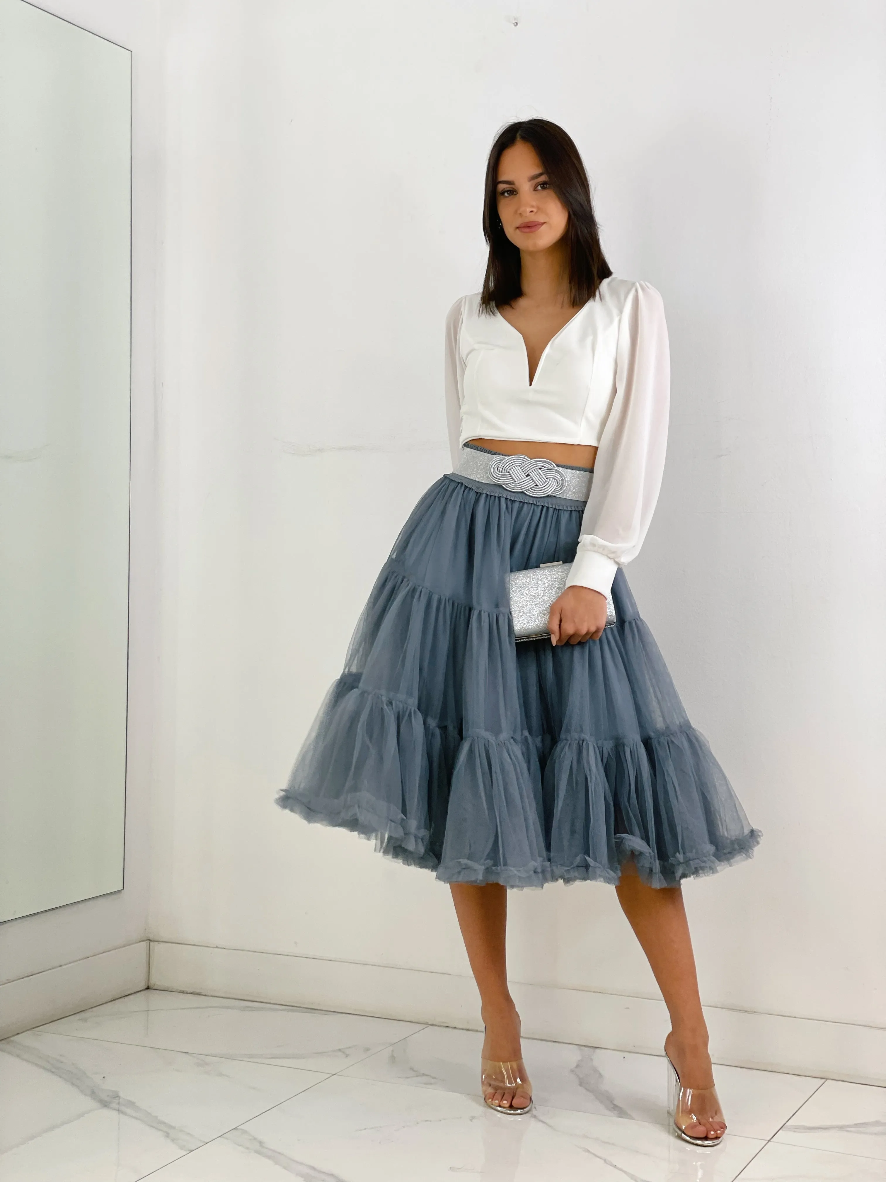 Midi tulle skirt with ruffles