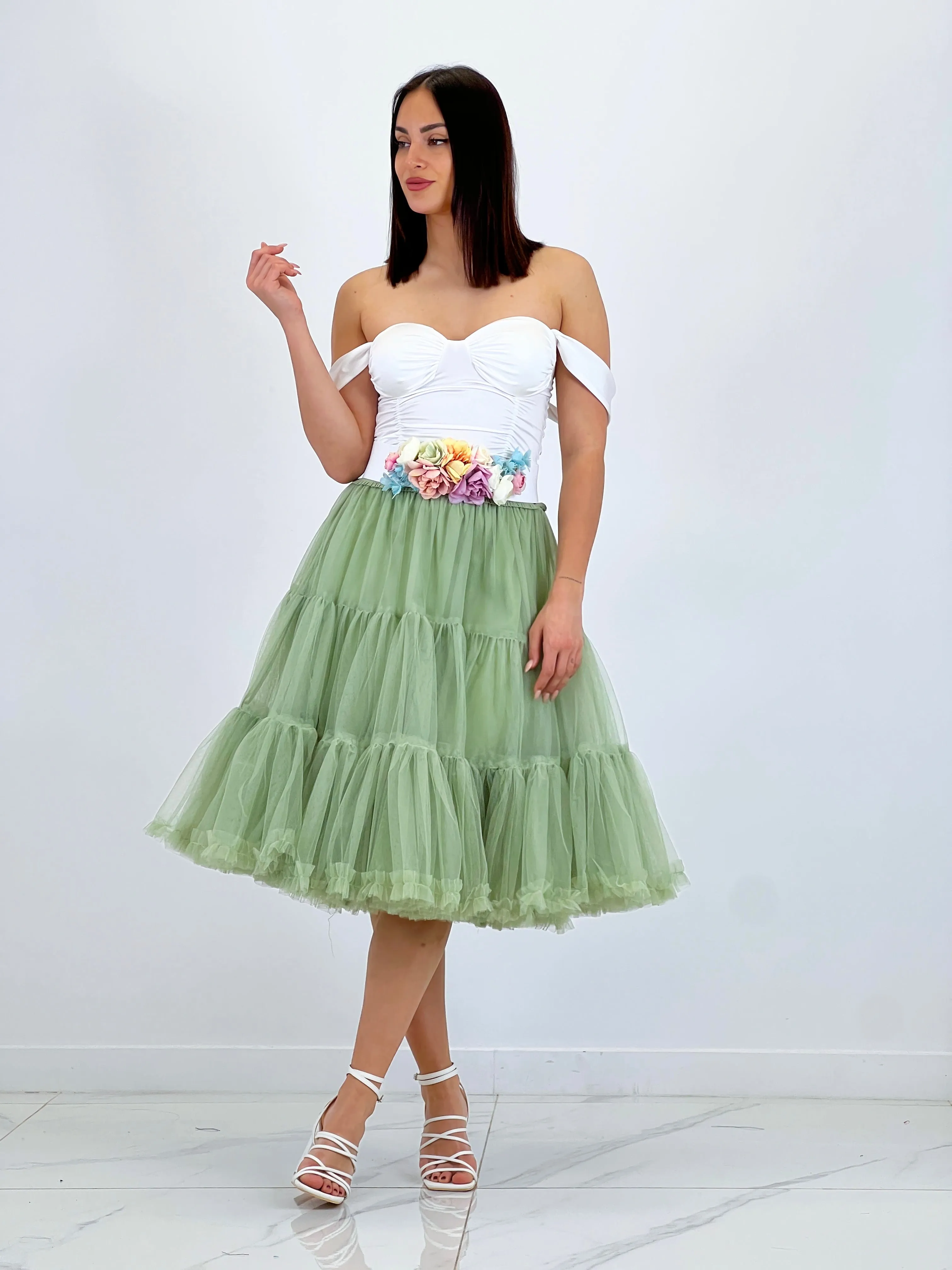 Midi tulle skirt with ruffles