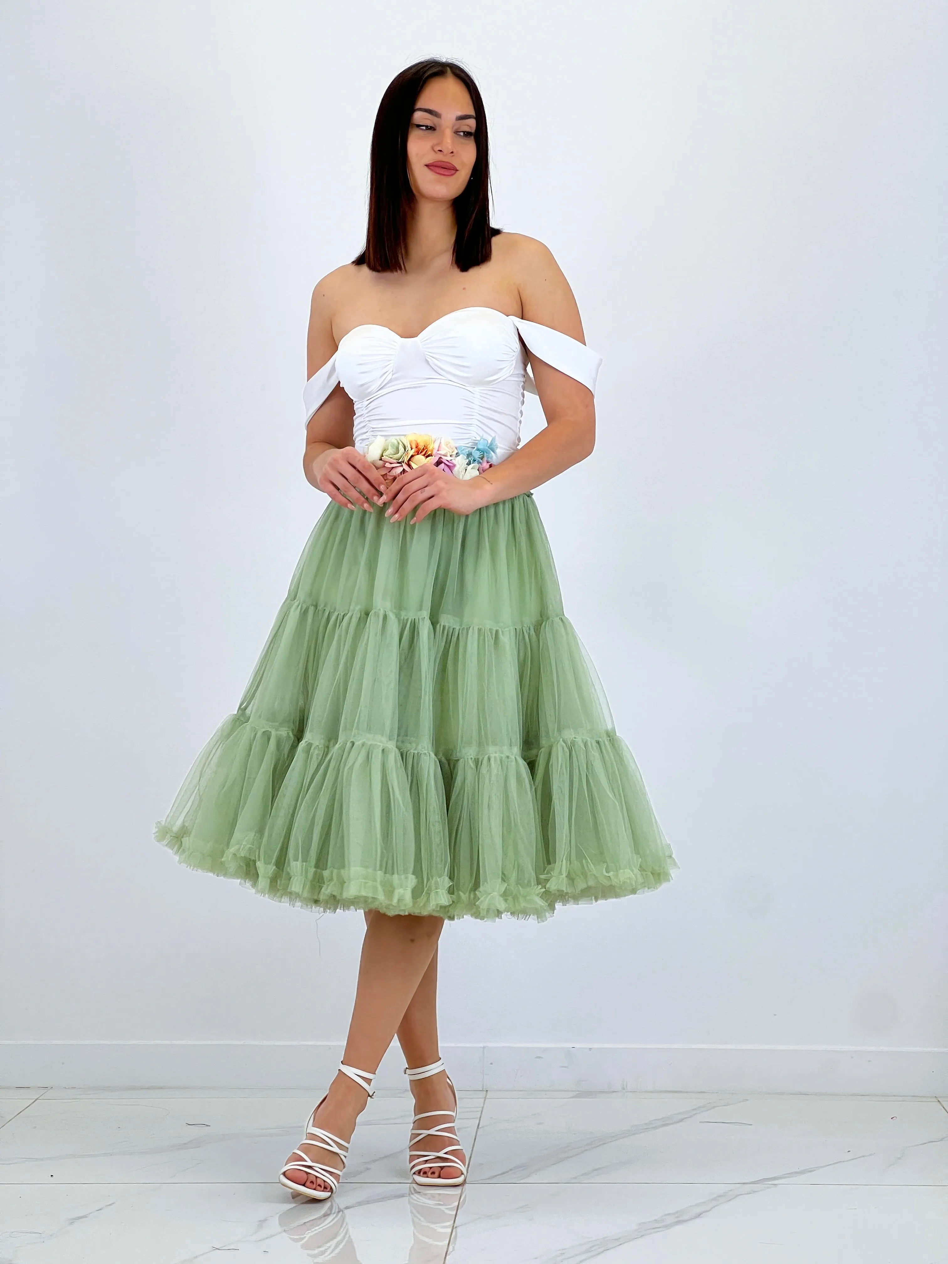 Midi tulle skirt with ruffles