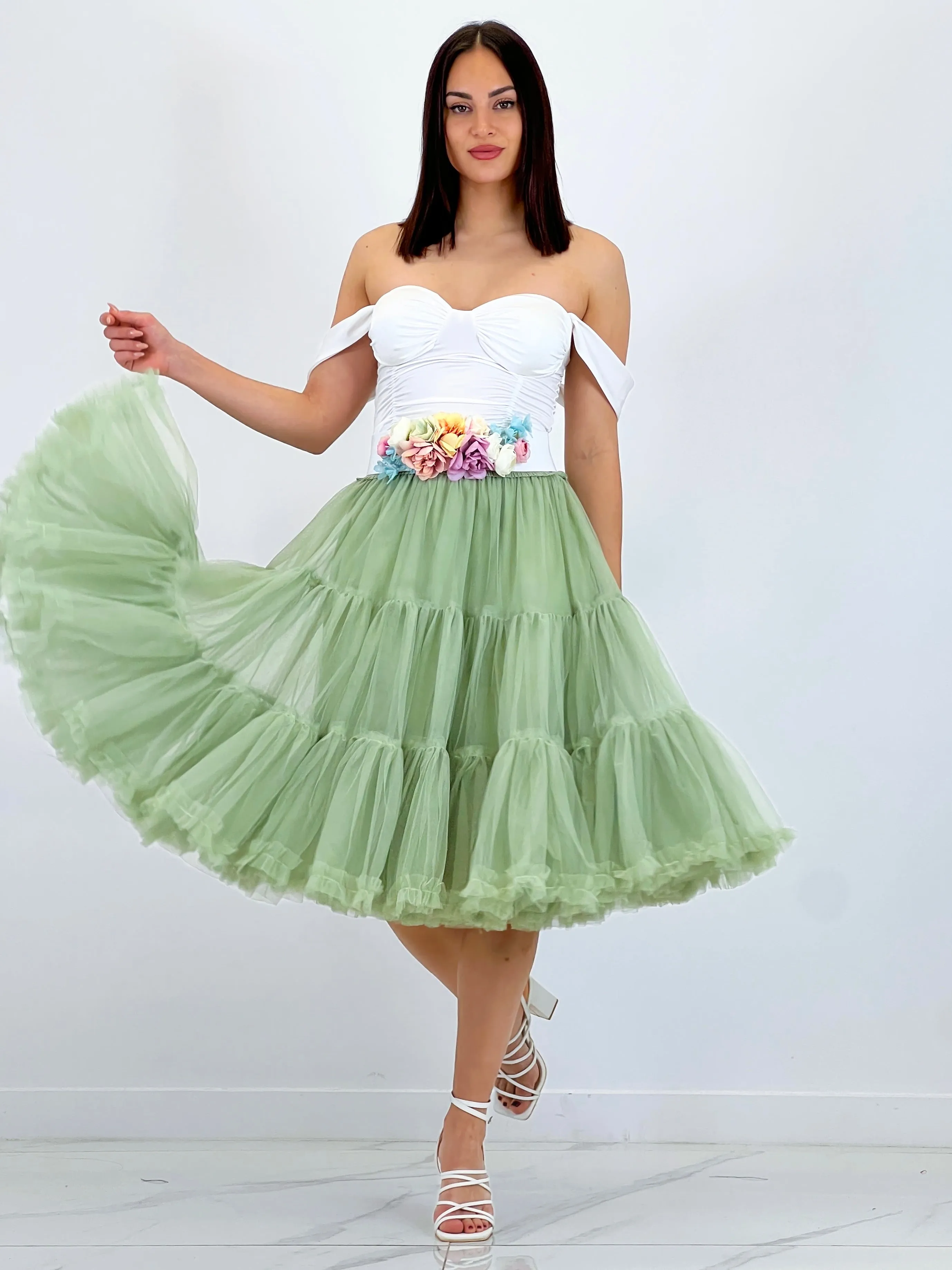 Midi tulle skirt with ruffles