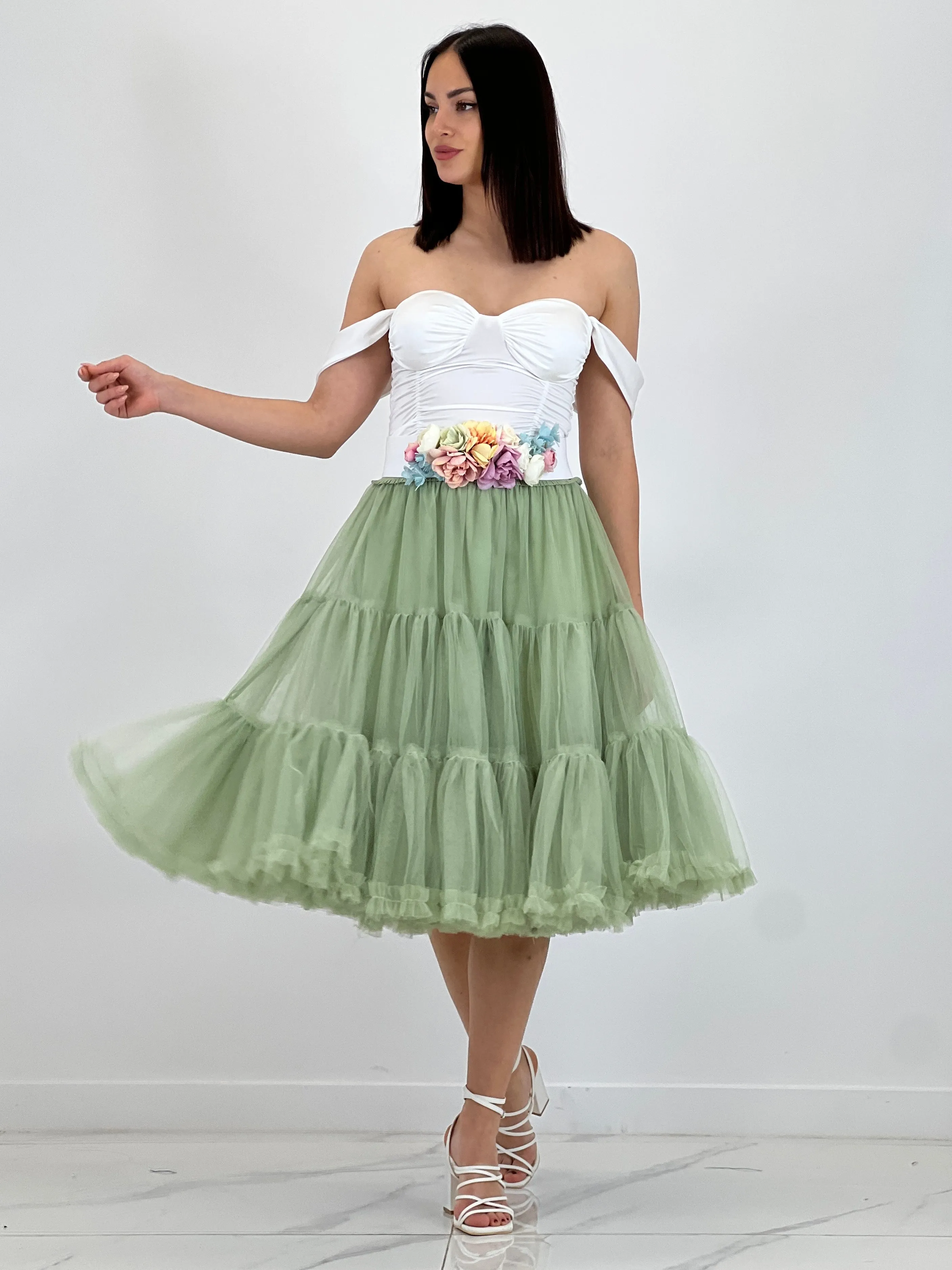 Midi tulle skirt with ruffles