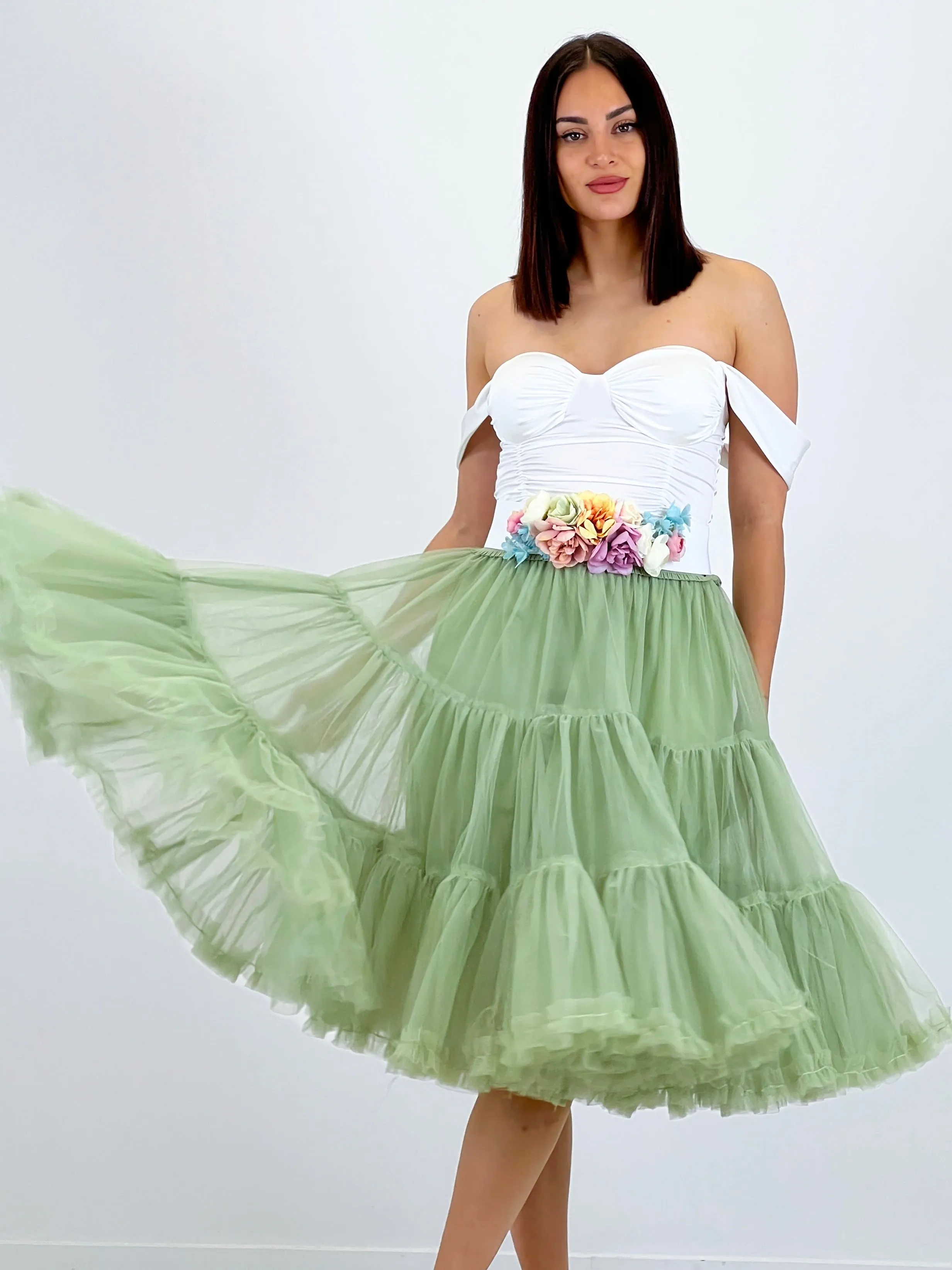 Midi tulle skirt with ruffles