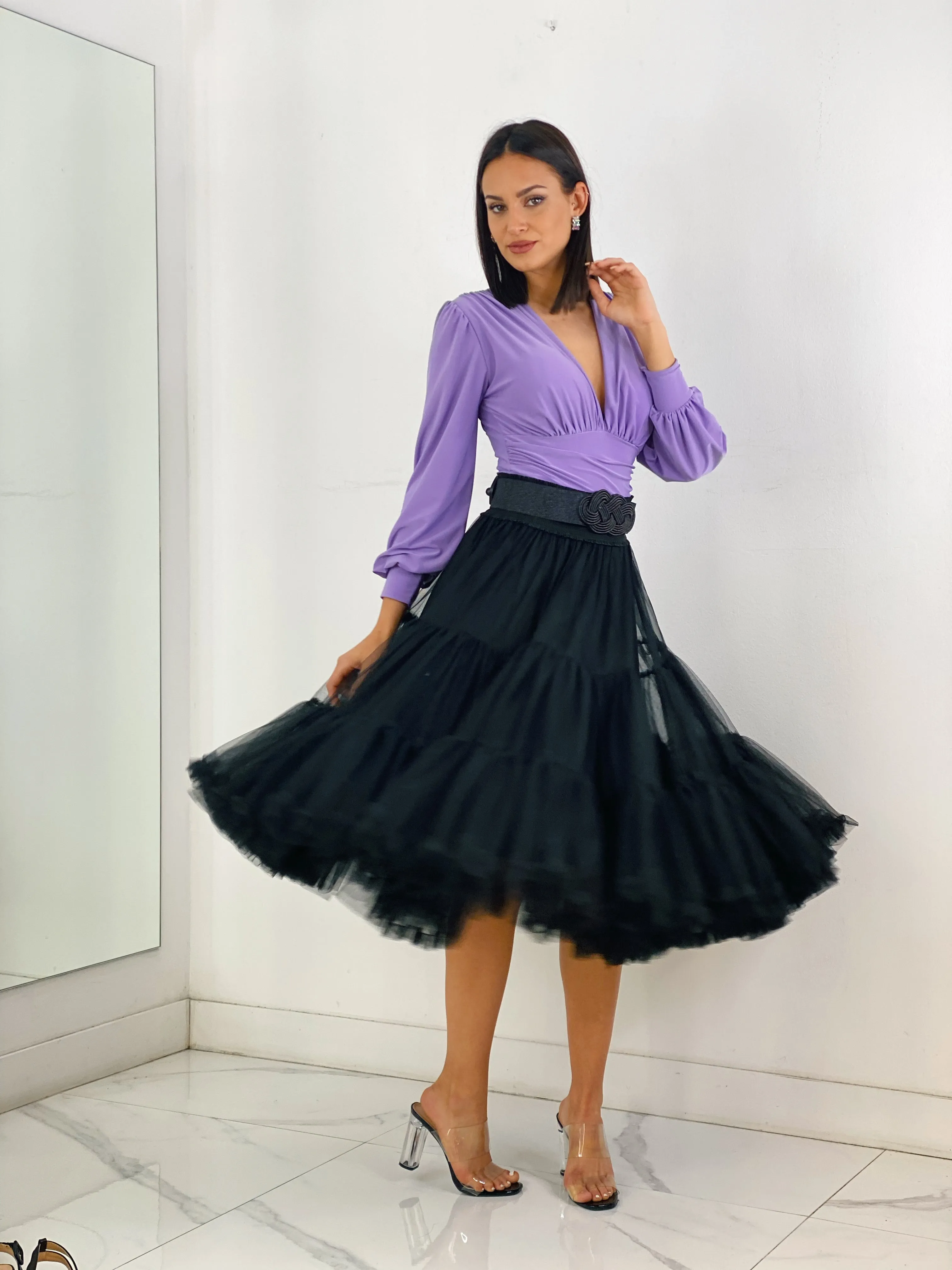 Midi tulle skirt with ruffles