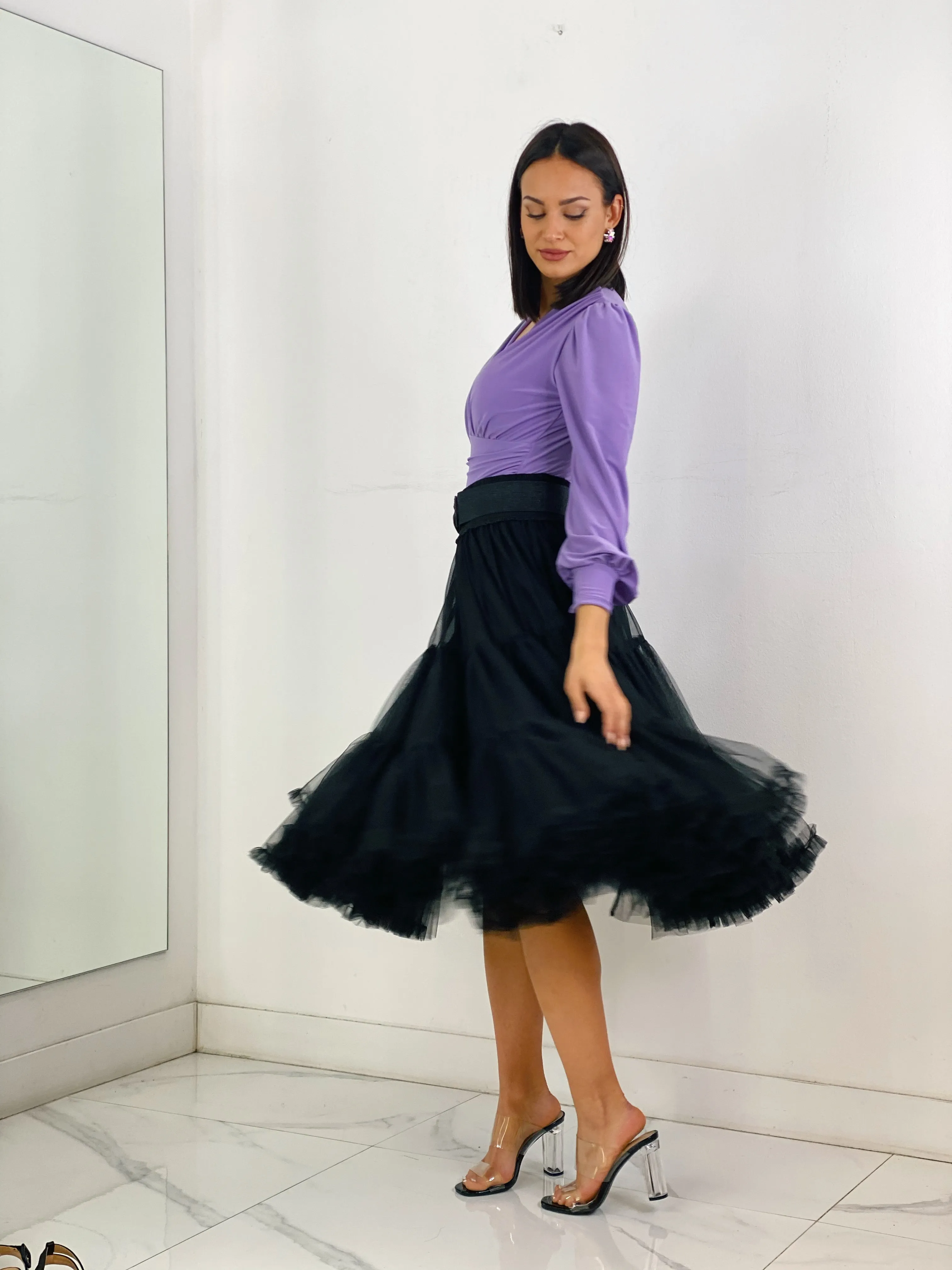 Midi tulle skirt with ruffles