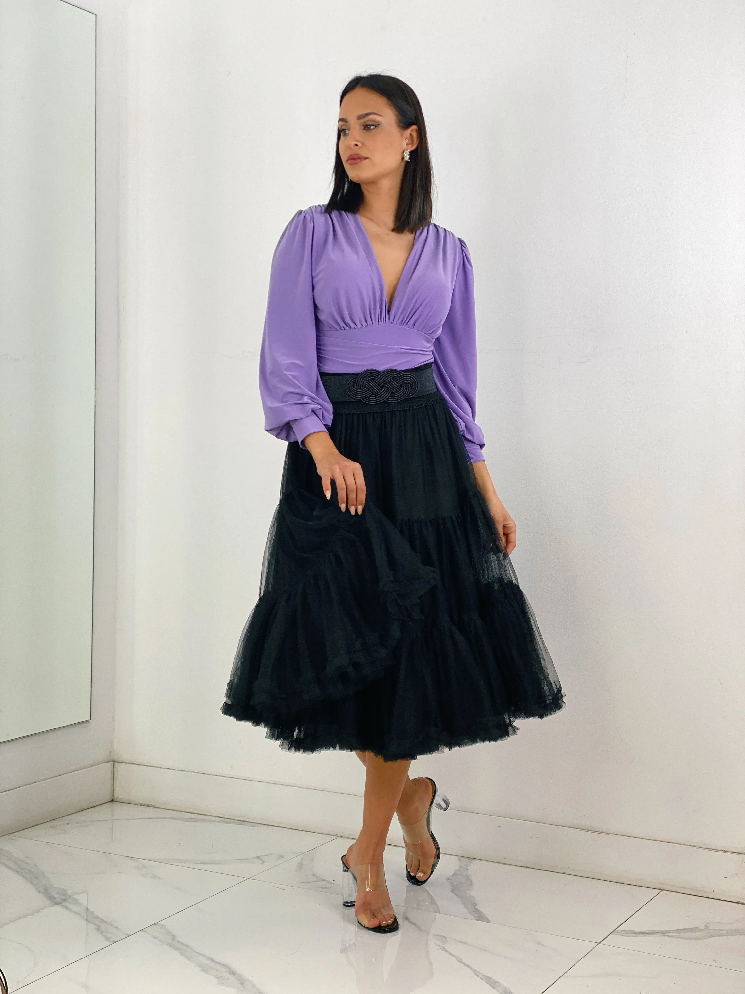 Midi tulle skirt with ruffles