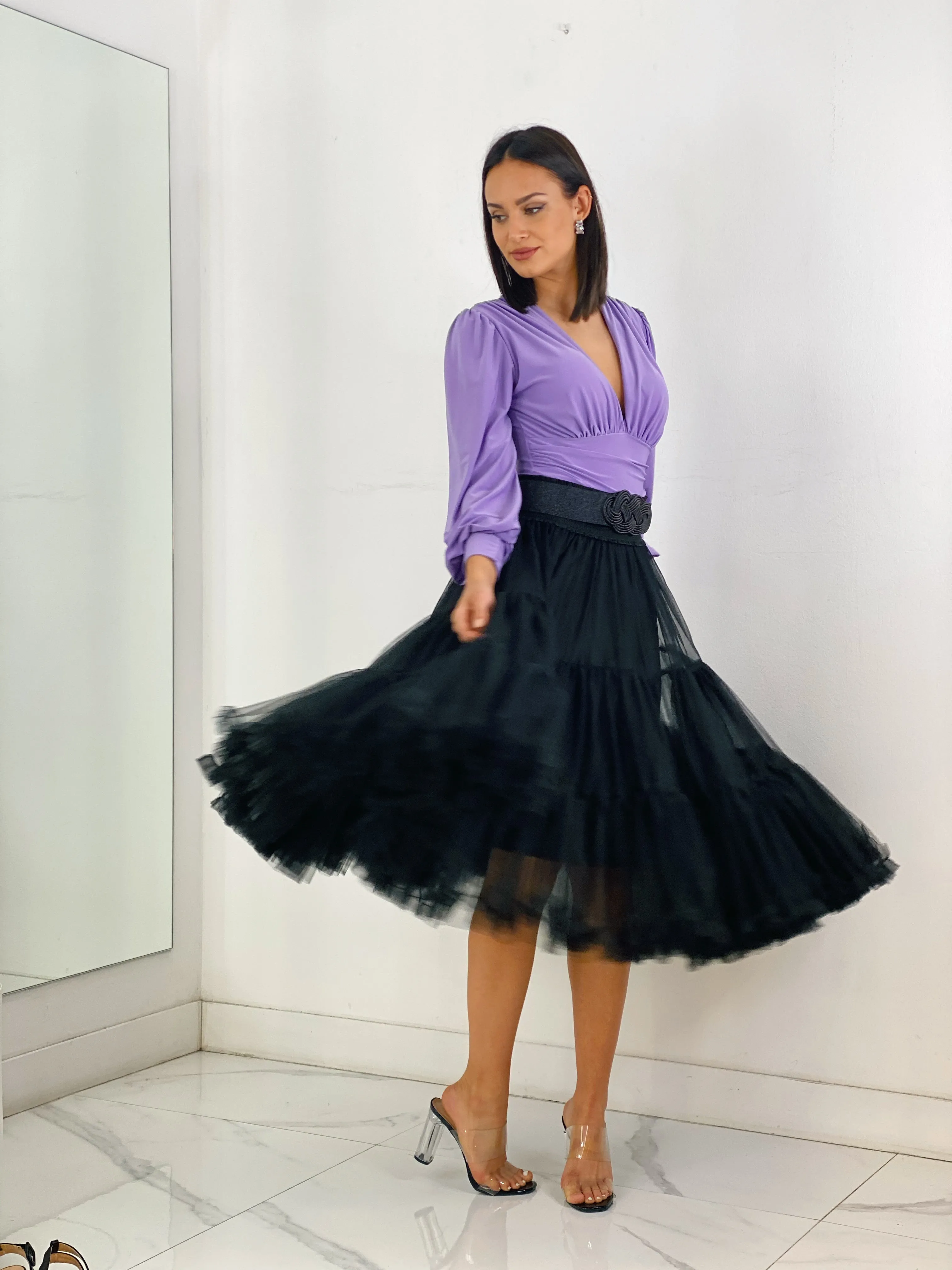 Midi tulle skirt with ruffles