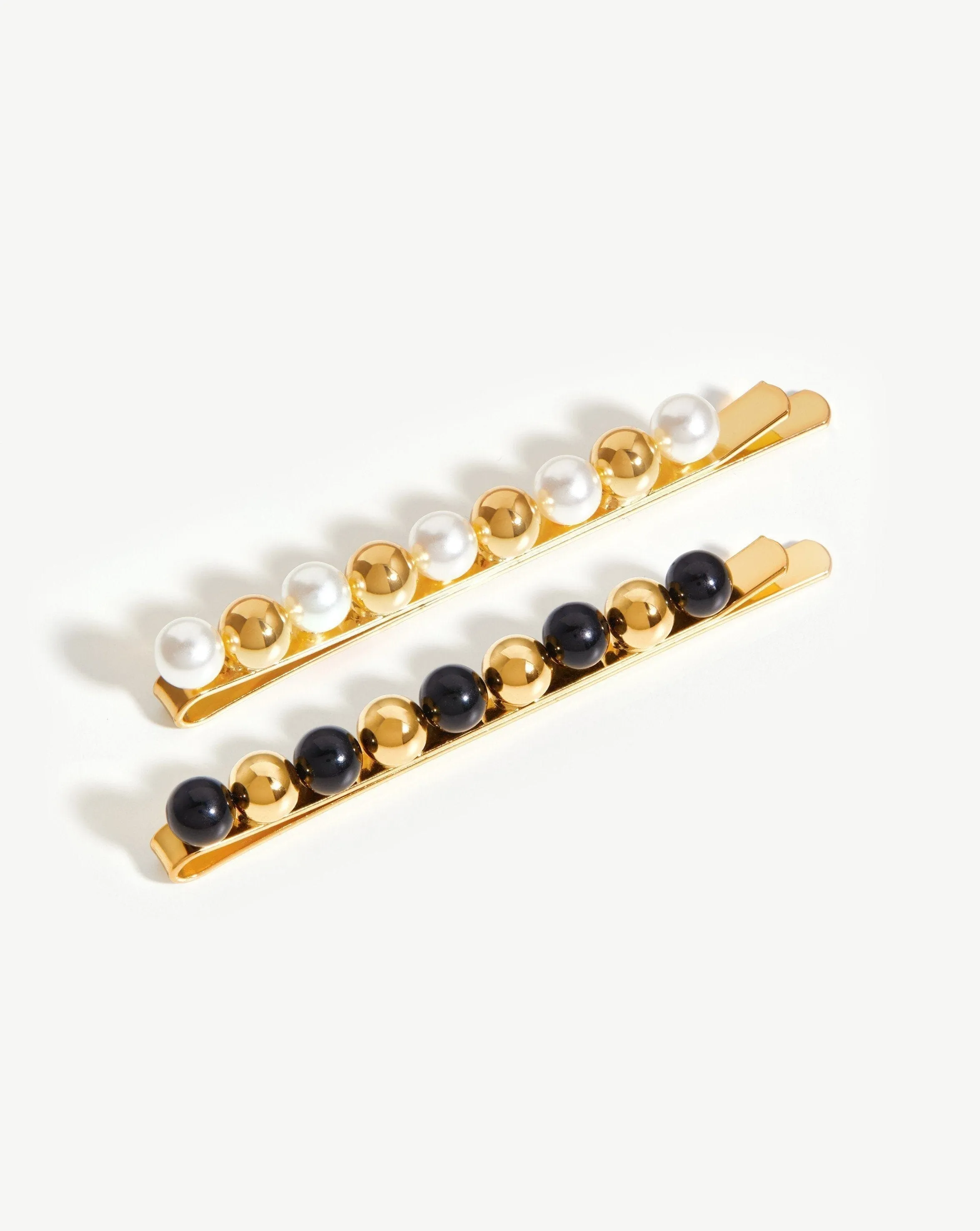 Mini Sphere Beaded Hair Clip Set | 18ct Gold Plated/Faux Pearl and Black Bead